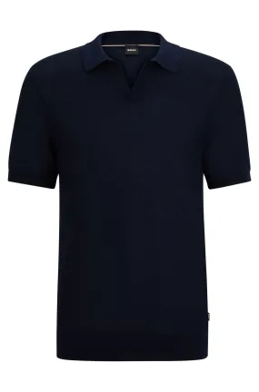 Boss Open Collar Cotton-Blend Polo Sweater - Navy