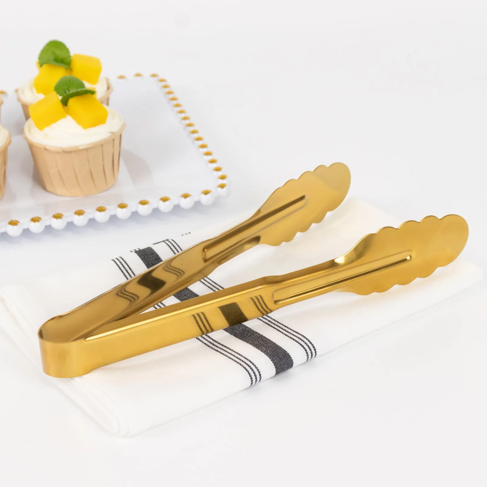 10 Pack Gold Metal Serving Tongs with Scalloped Edge, Non Slip Easy Grip Stainless Steel Kitchen Tongs - 9.5"