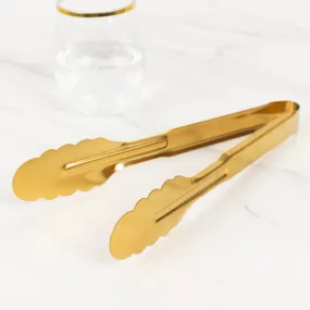 10 Pack Gold Metal Serving Tongs with Scalloped Edge, Non Slip Easy Grip Stainless Steel Kitchen Tongs - 9.5"