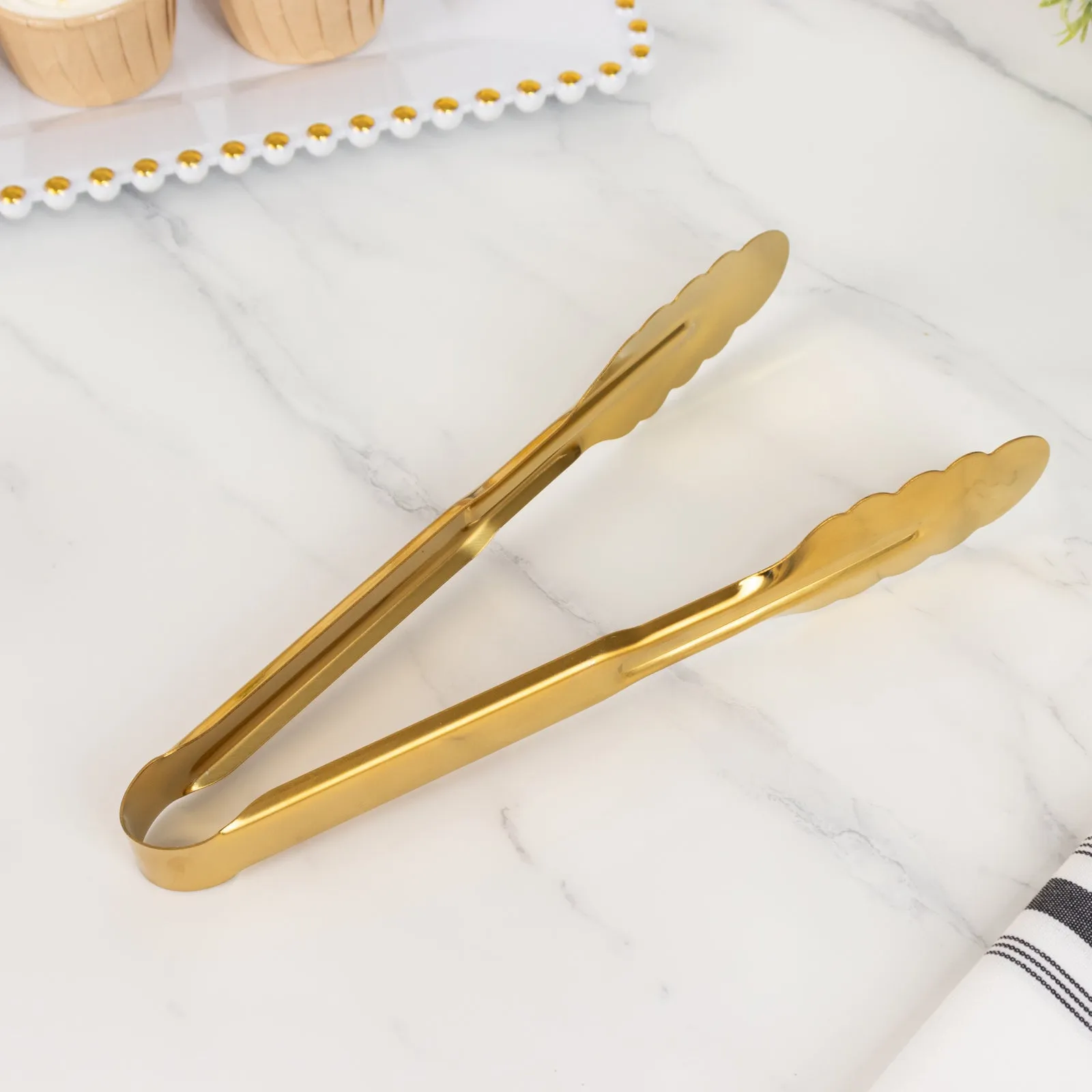 10 Pack Gold Metal Serving Tongs with Scalloped Edge, Non Slip Easy Grip Stainless Steel Kitchen Tongs - 9.5"