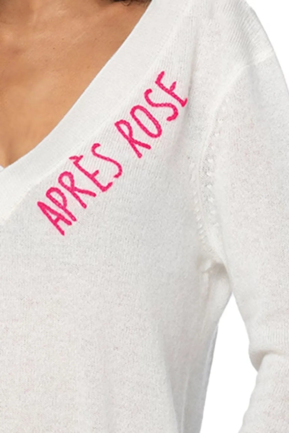 100% Cashmere V-Neck Sweater in White with Apres Rose Embroidery Stitich