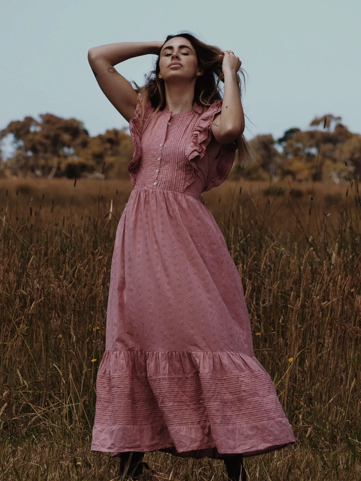 100% RECYCLED COTTON - ARLINGTON DRESS DUSTY PINK BUTTON THROUGH