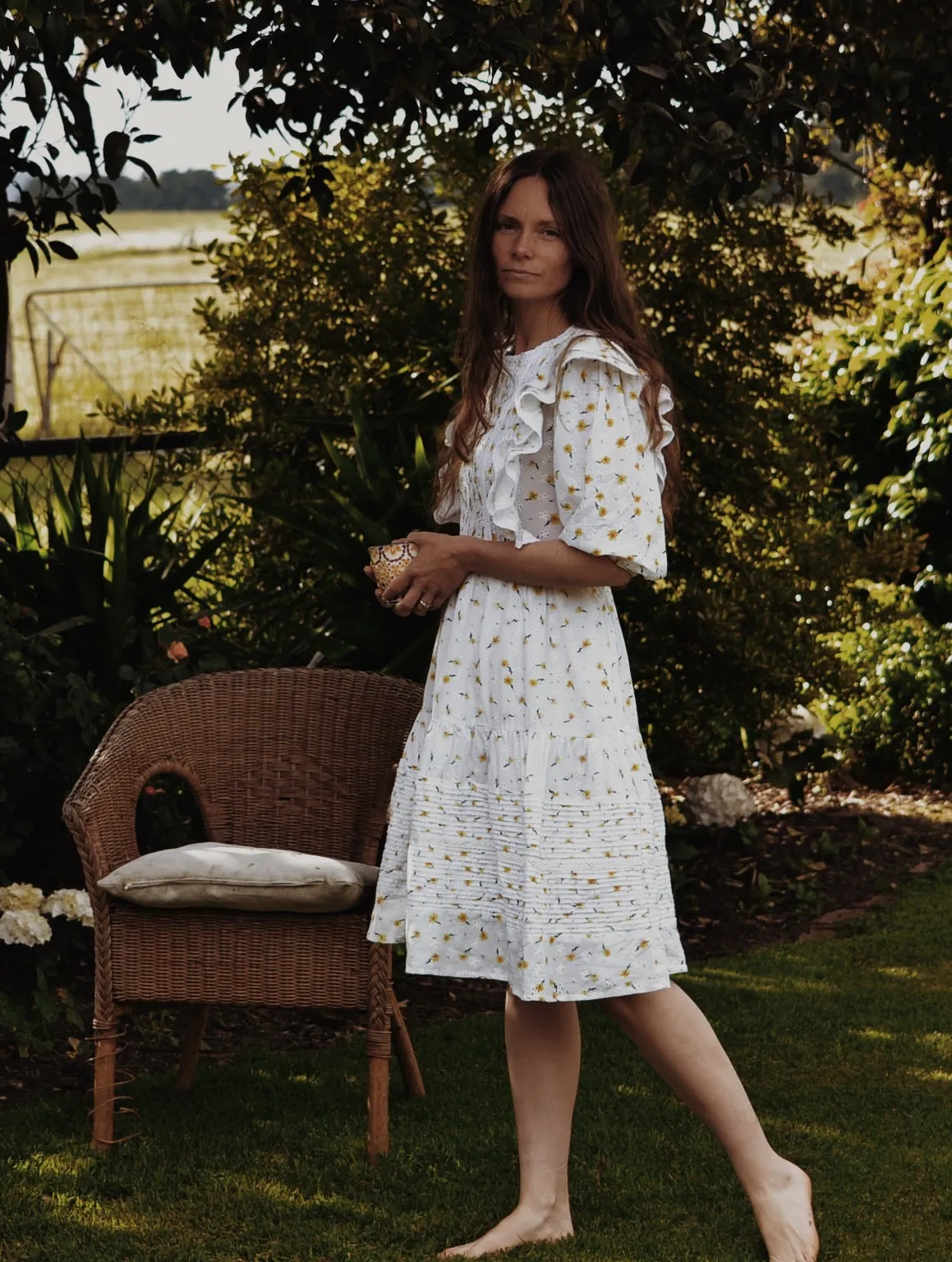 100% RECYCLED COTTON - CLEMENTINE BUTTON DOWN DRESS WHITE DAISY FLORAL