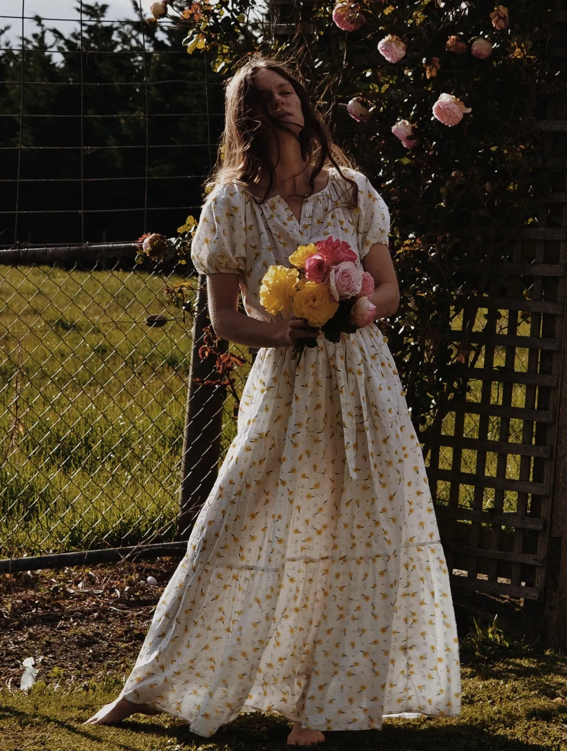 100% RECYCLED COTTON - DELPHINIUM MAXI DRESS WHITE DAISY FLORAL