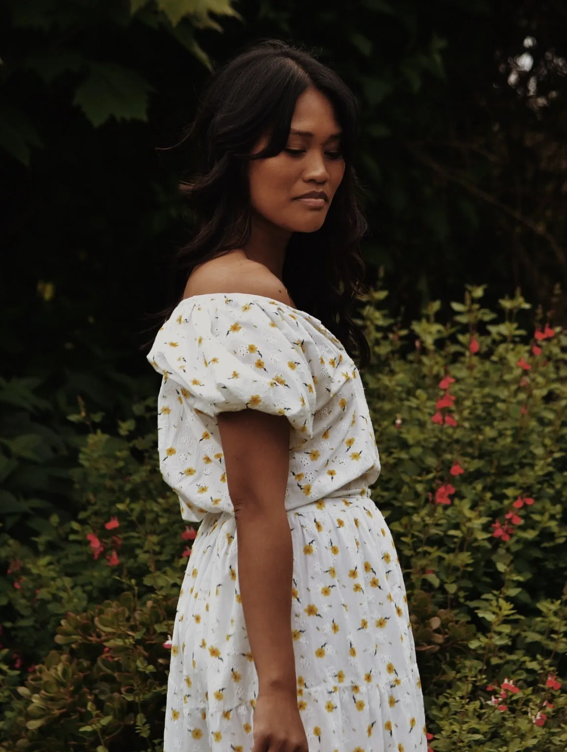 100% RECYCLED COTTON - DELPHINIUM MAXI DRESS WHITE DAISY FLORAL