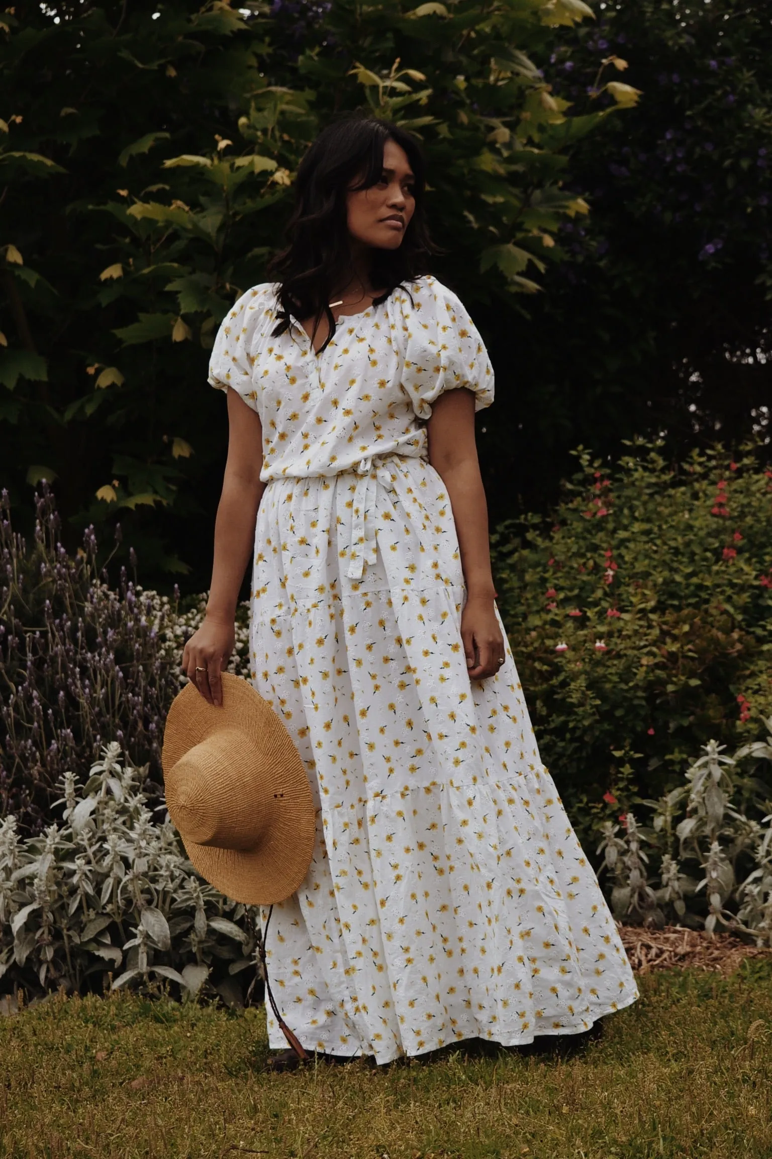 100% RECYCLED COTTON - DELPHINIUM MAXI DRESS WHITE DAISY FLORAL