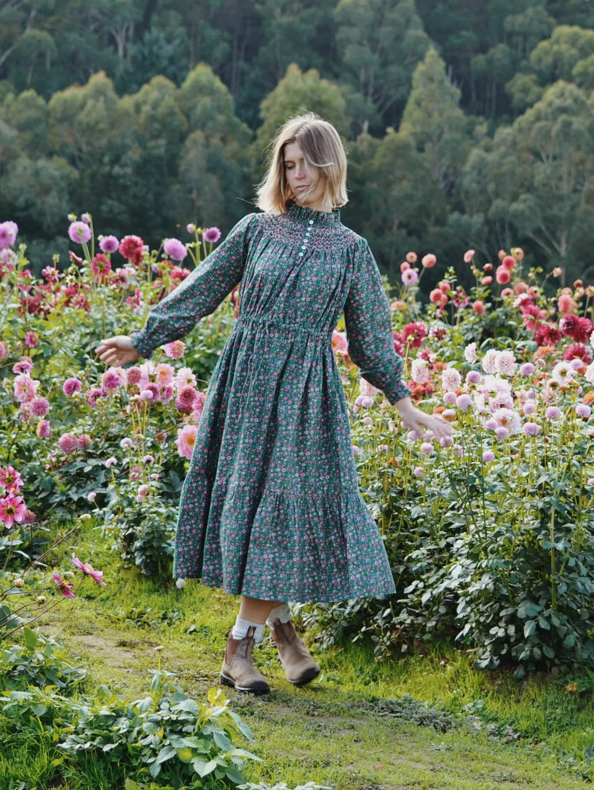 100% RECYCLED COTTON - PRAIRIE DRESS DITSY FLORAL TEAL PINK POPLIN - HAND SMOCKED