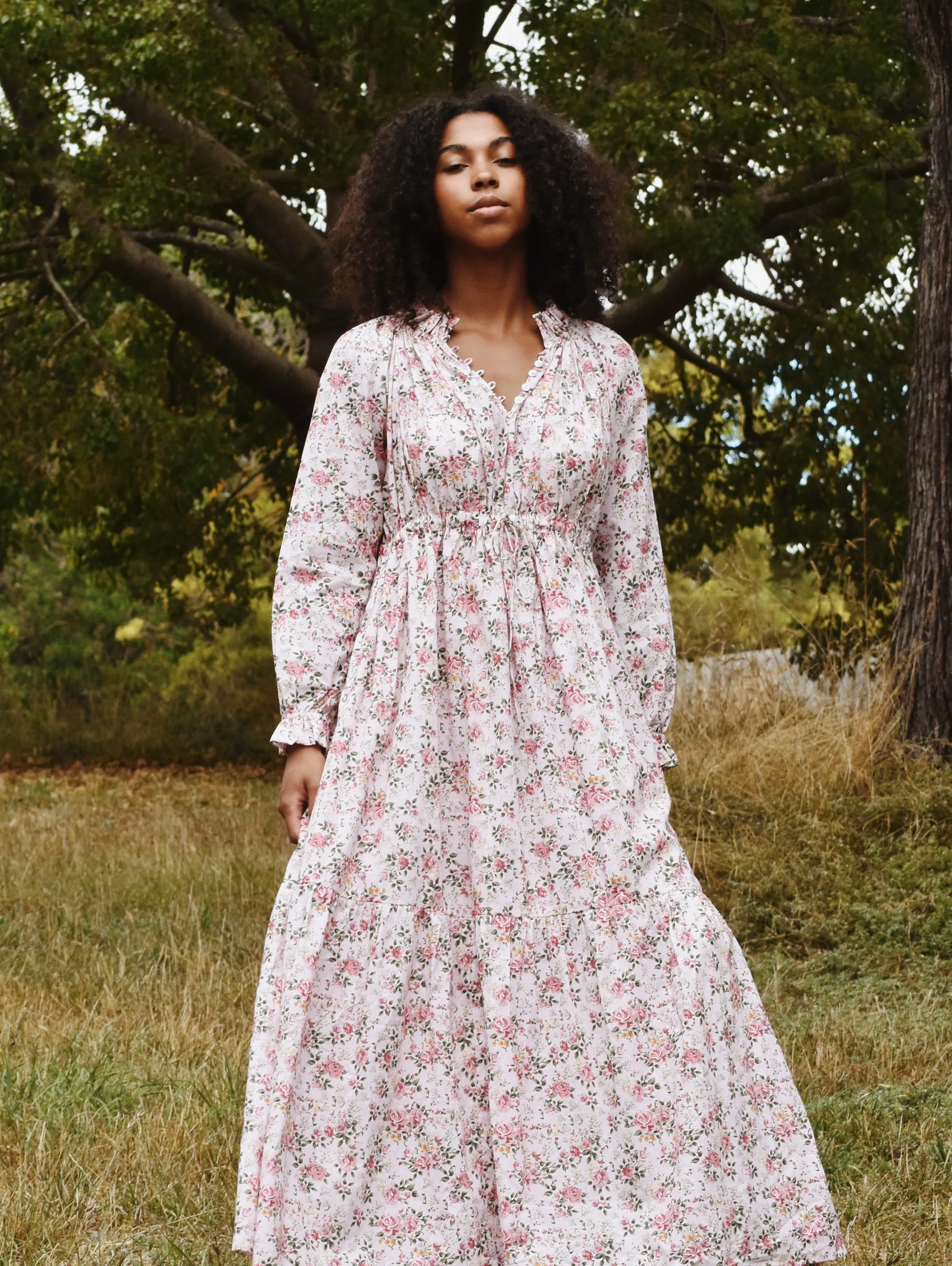 100% RECYCLED COTTON - PRAIRIE MAXI DRESS PINK ROSE FLORAL