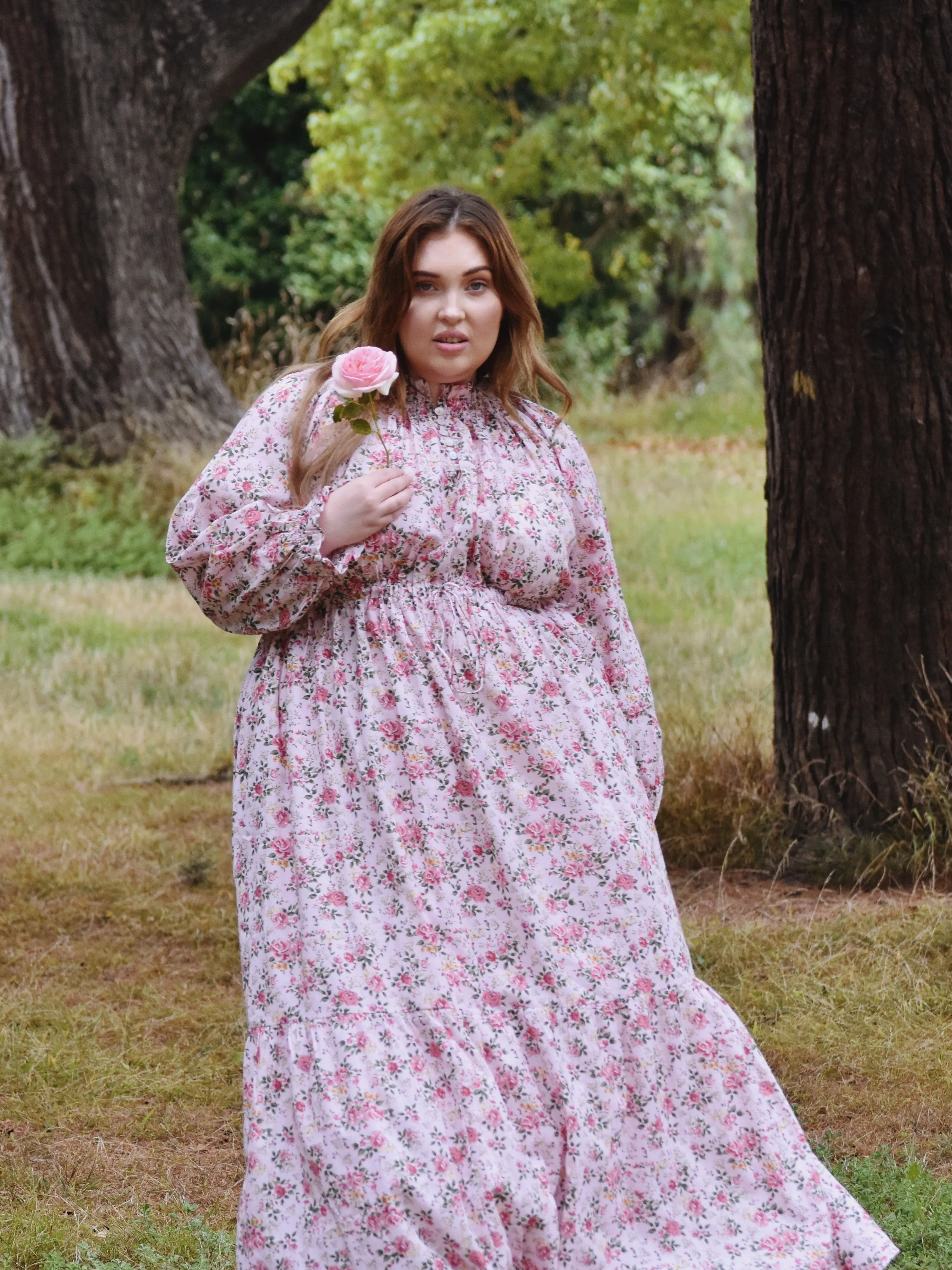 100% RECYCLED COTTON - PRAIRIE MAXI DRESS PINK ROSE FLORAL