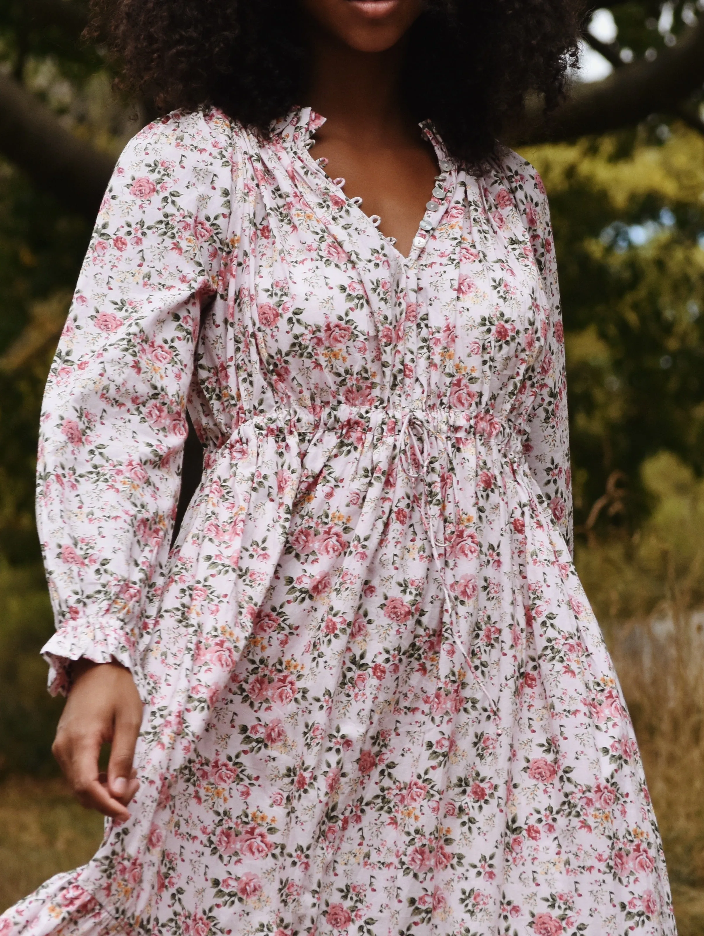 100% RECYCLED COTTON - PRAIRIE MAXI DRESS PINK ROSE FLORAL