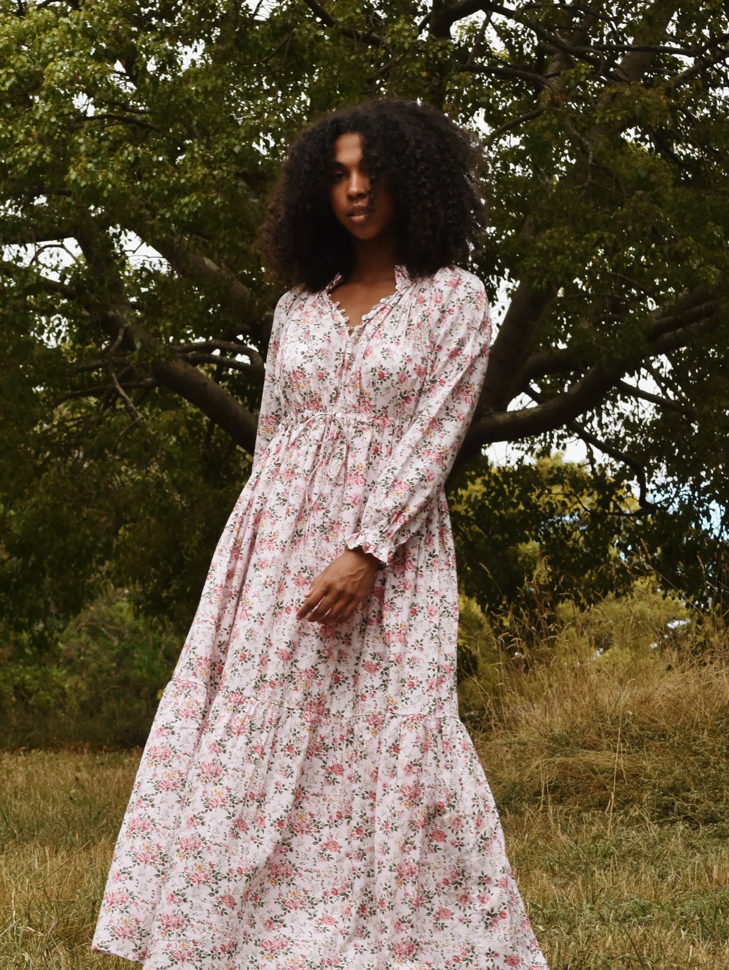 100% RECYCLED COTTON - PRAIRIE MAXI DRESS PINK ROSE FLORAL