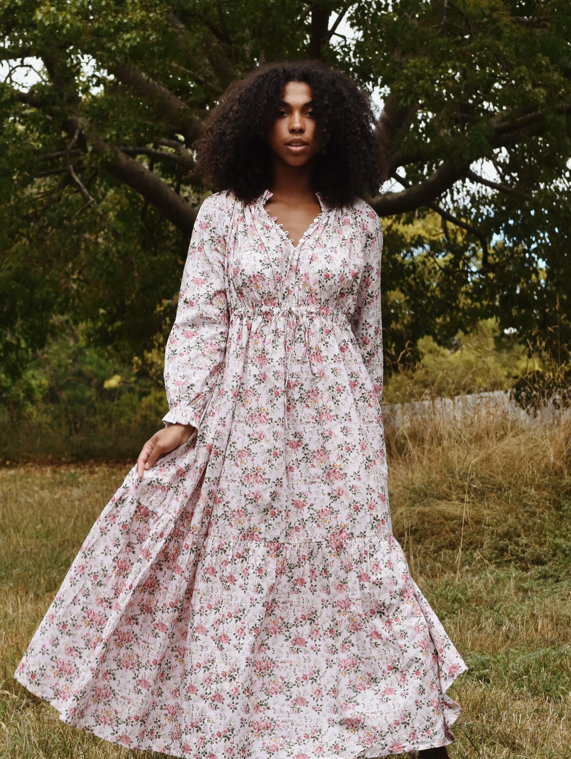 100% RECYCLED COTTON - PRAIRIE MAXI DRESS PINK ROSE FLORAL