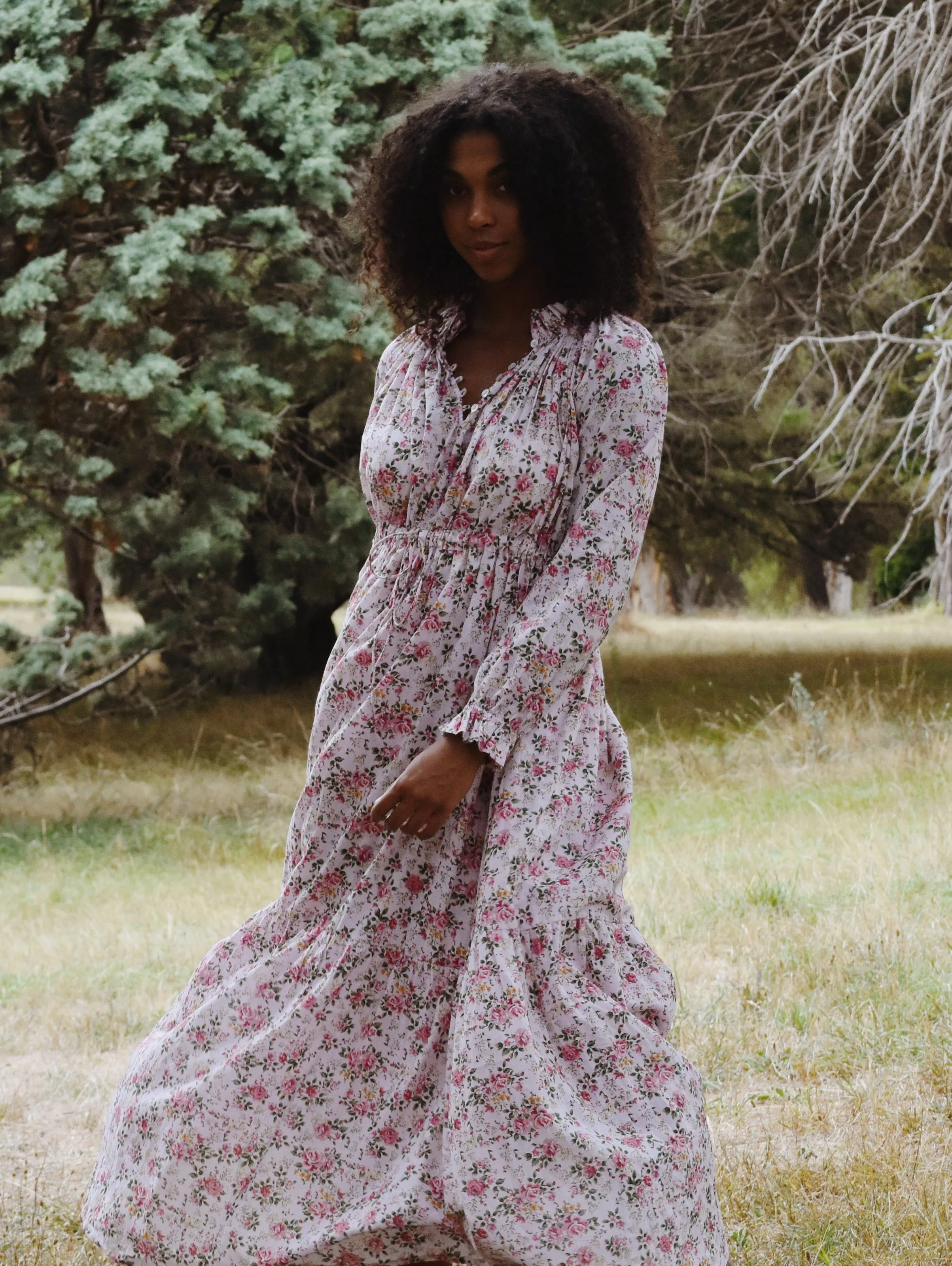 100% RECYCLED COTTON - PRAIRIE MAXI DRESS PINK ROSE FLORAL