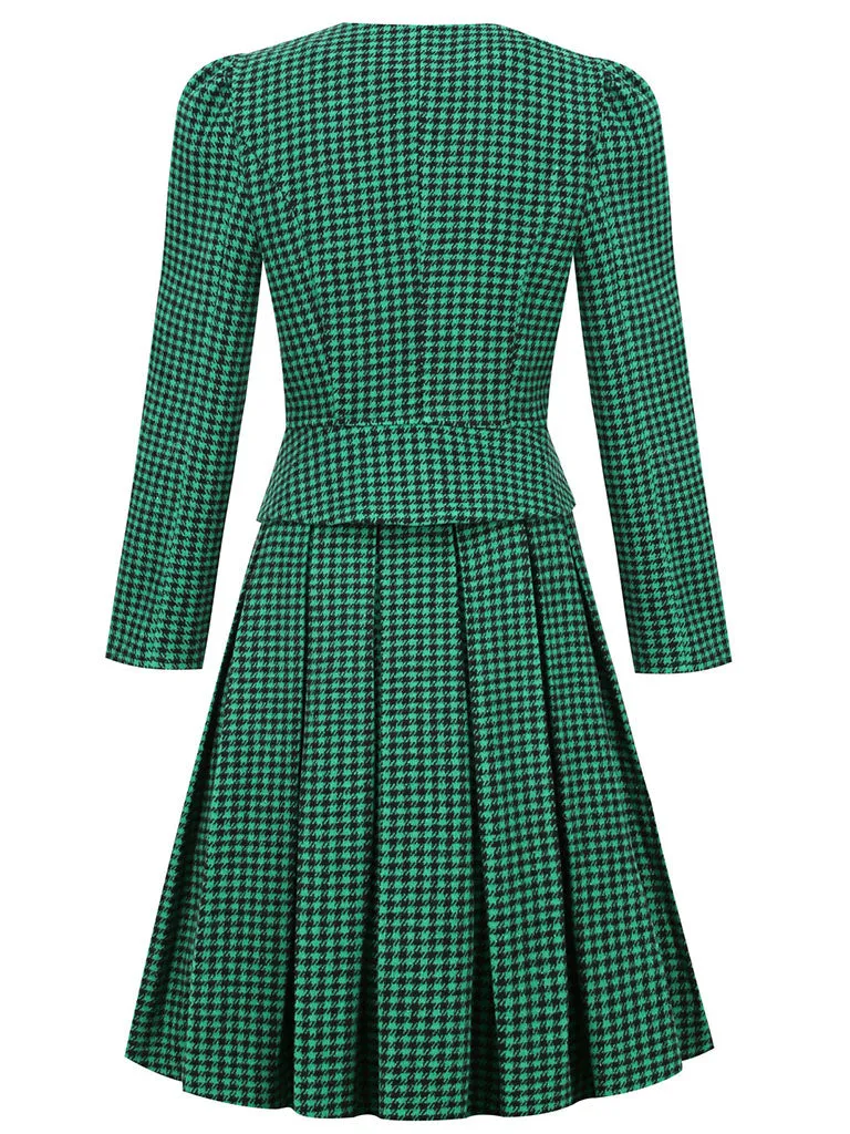 1950S  Green Houndstooth Long Sleeve Vintage Blazer Swing Dress Set