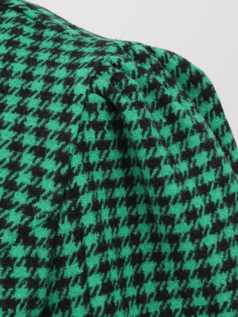 1950S  Green Houndstooth Long Sleeve Vintage Blazer Swing Dress Set