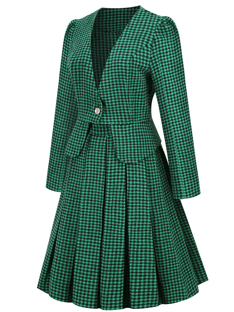 1950S  Green Houndstooth Long Sleeve Vintage Blazer Swing Dress Set