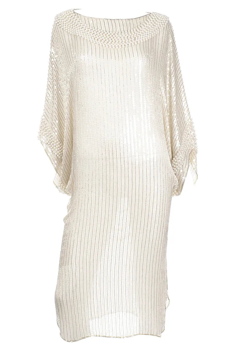 1970s Pierre Cardin Ivory Silk Beaded Evening Dress w Pearl Necklace Drape