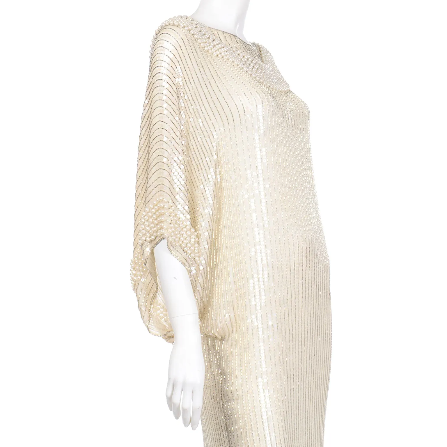 1970s Pierre Cardin Ivory Silk Beaded Evening Dress w Pearl Necklace Drape