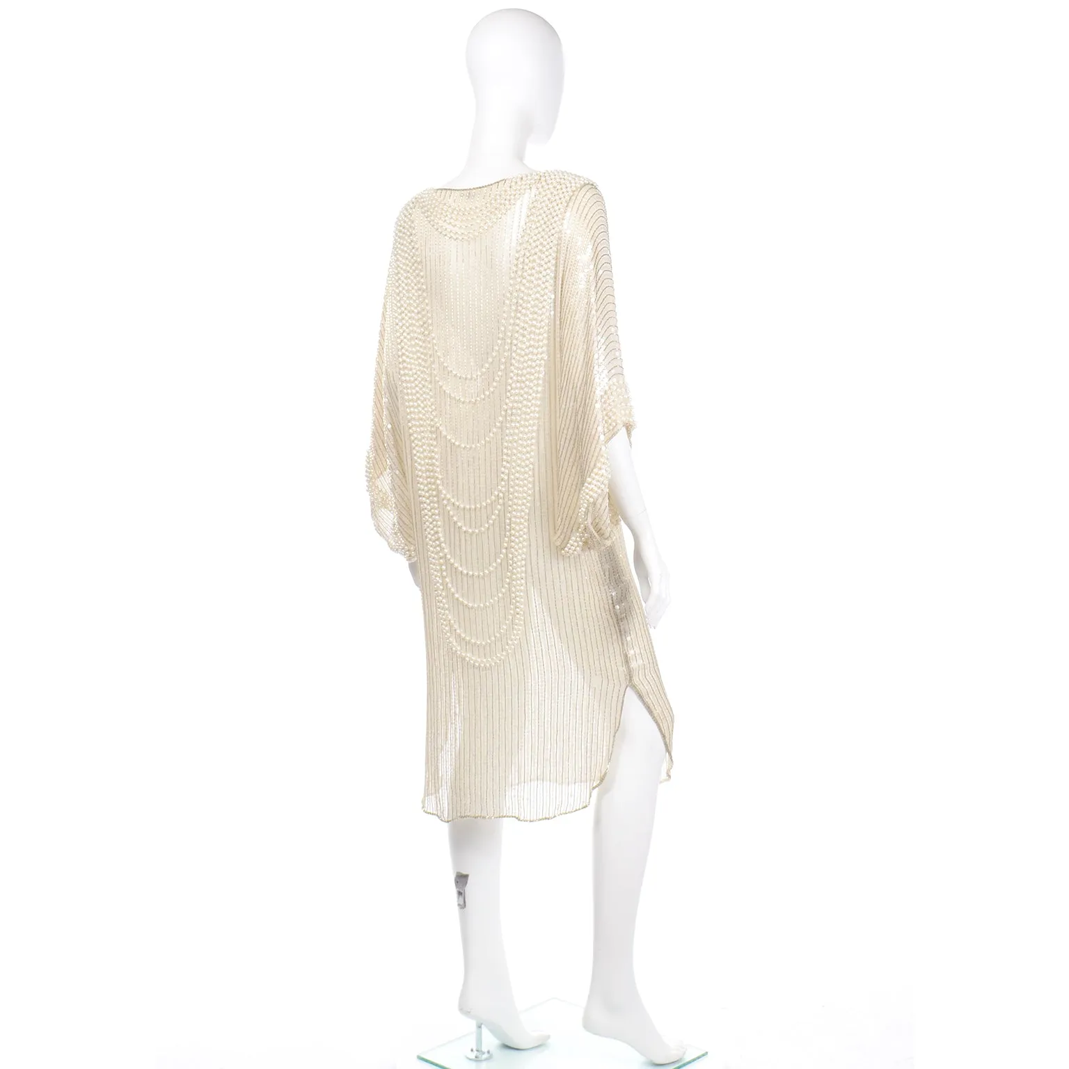 1970s Pierre Cardin Ivory Silk Beaded Evening Dress w Pearl Necklace Drape