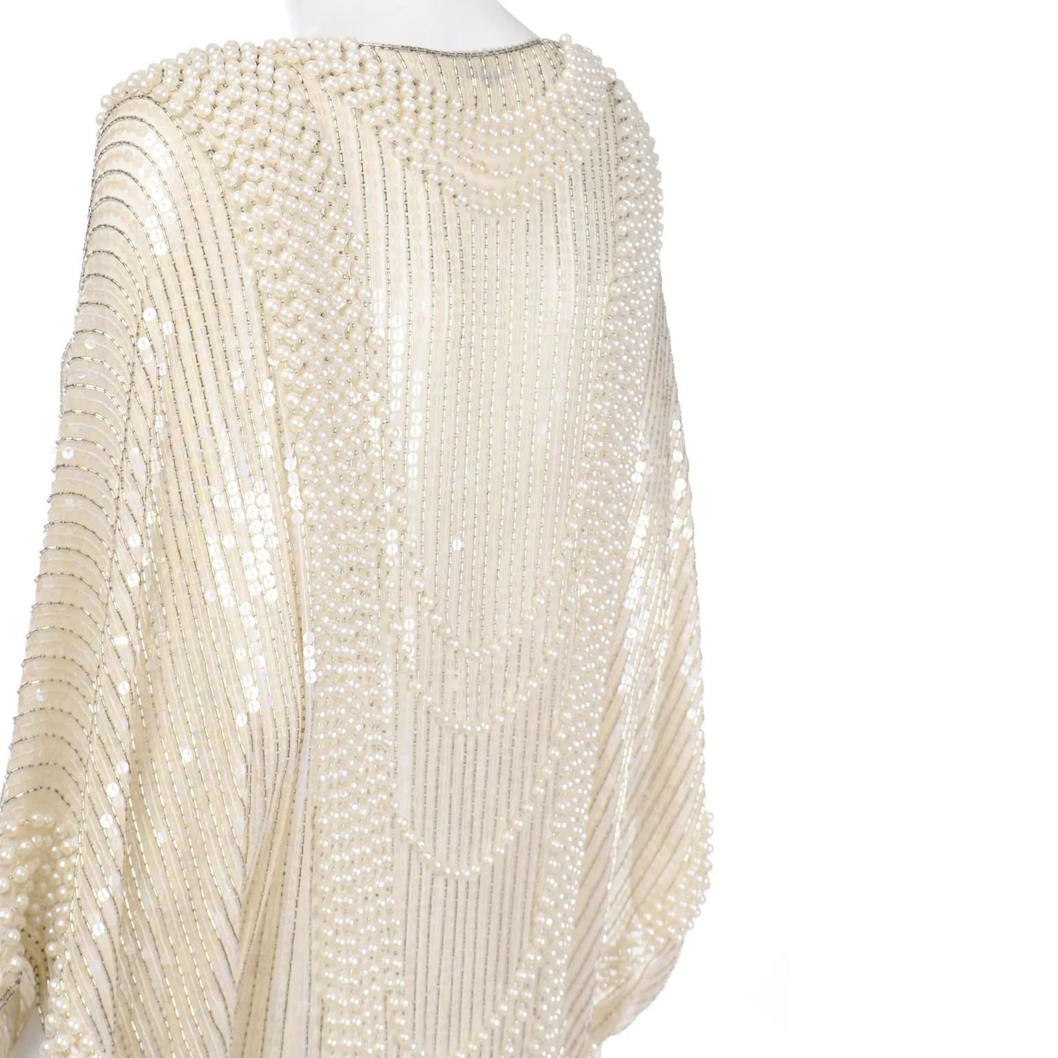 1970s Pierre Cardin Ivory Silk Beaded Evening Dress w Pearl Necklace Drape