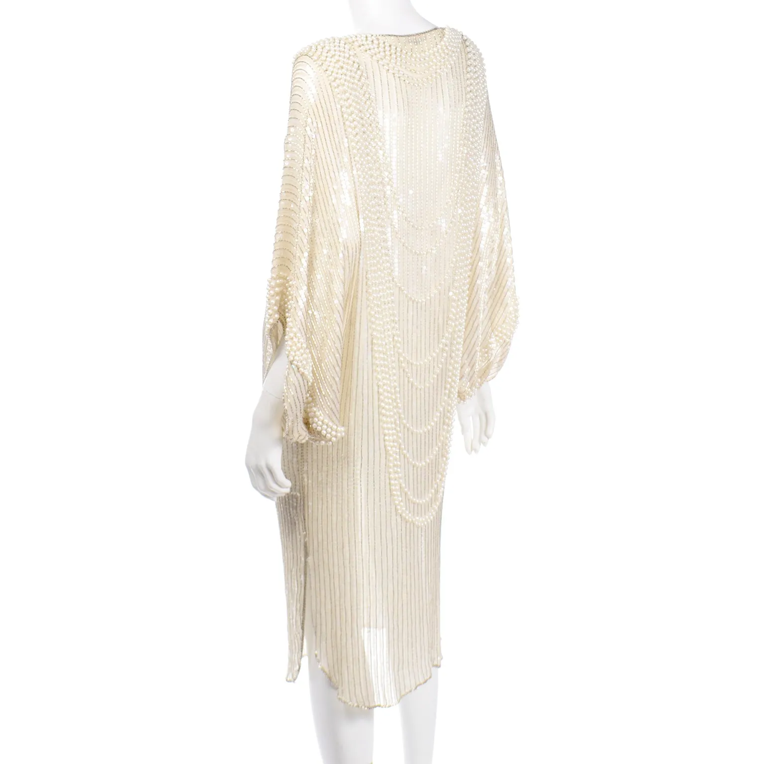 1970s Pierre Cardin Ivory Silk Beaded Evening Dress w Pearl Necklace Drape