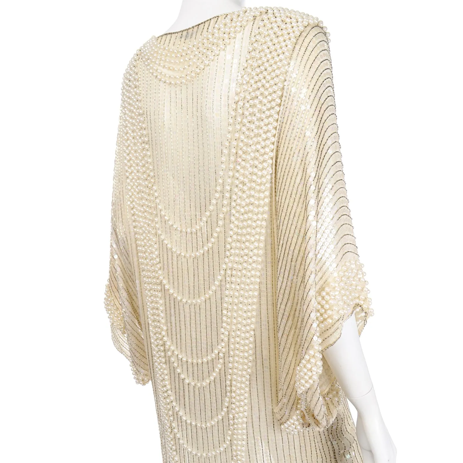 1970s Pierre Cardin Ivory Silk Beaded Evening Dress w Pearl Necklace Drape