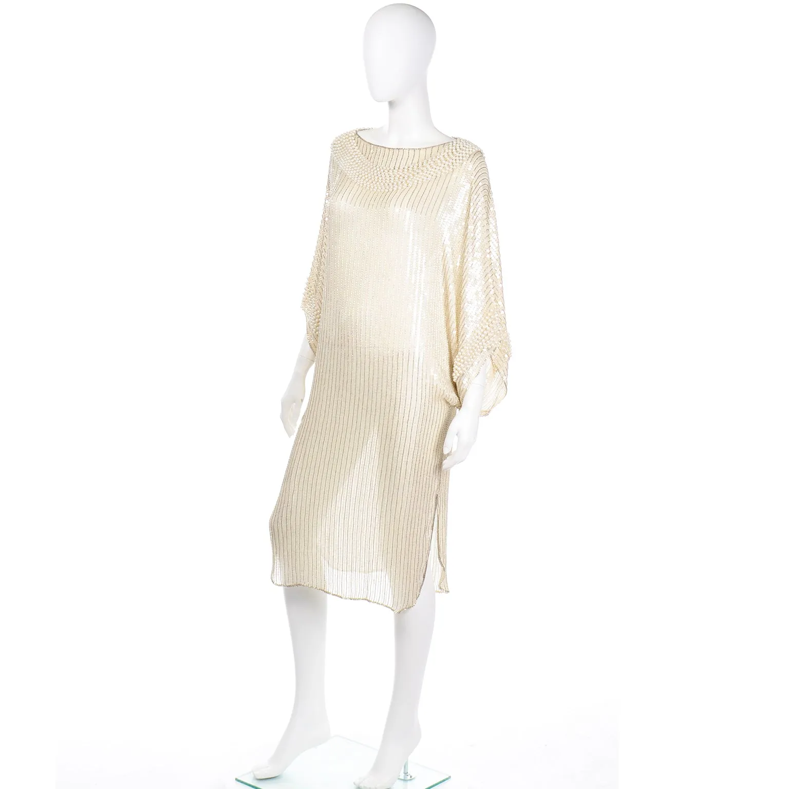 1970s Pierre Cardin Ivory Silk Beaded Evening Dress w Pearl Necklace Drape