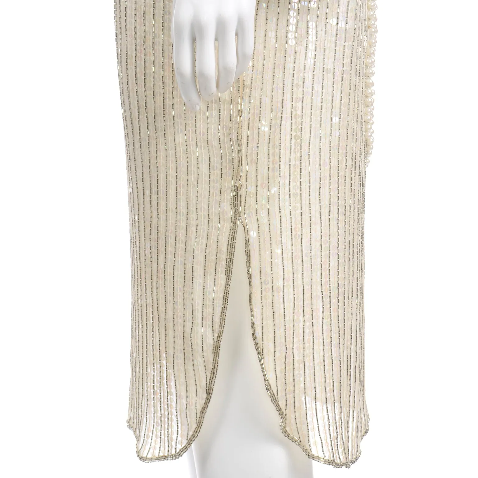 1970s Pierre Cardin Ivory Silk Beaded Evening Dress w Pearl Necklace Drape