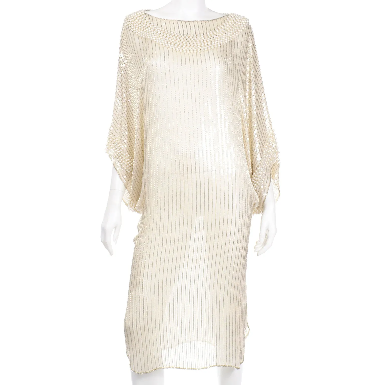 1970s Pierre Cardin Ivory Silk Beaded Evening Dress w Pearl Necklace Drape