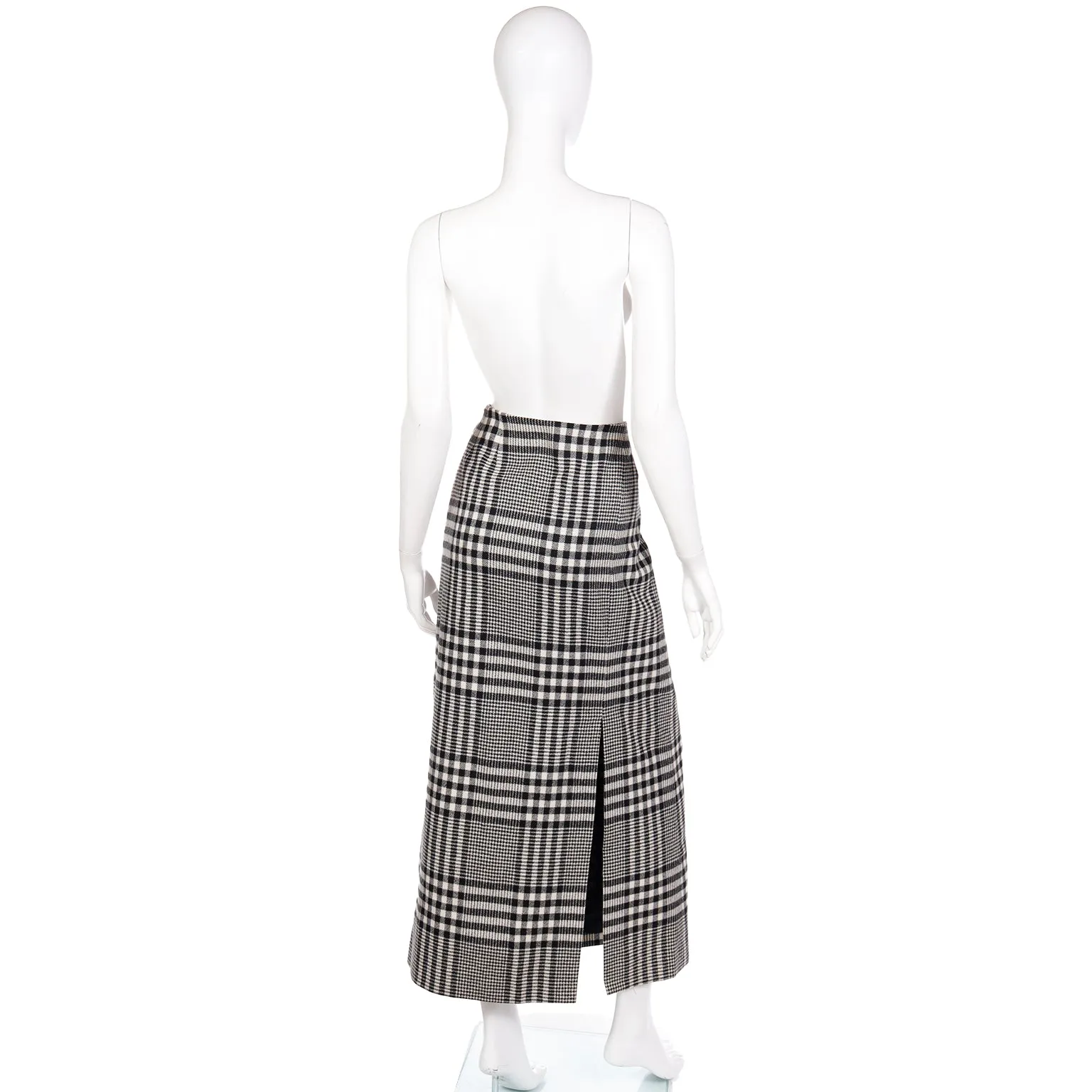 1990s Vintage Long Midi Black Plaid Wool Skirt