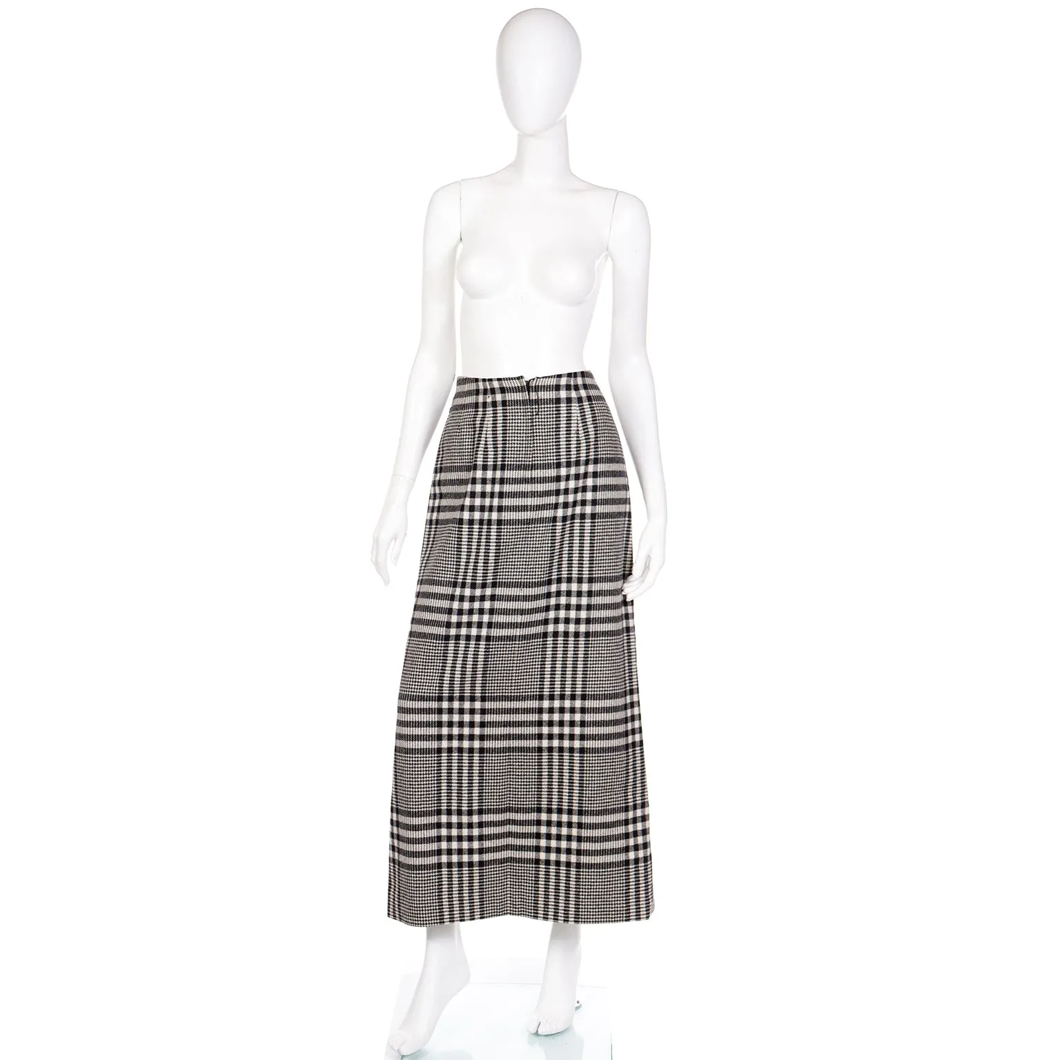 1990s Vintage Long Midi Black Plaid Wool Skirt