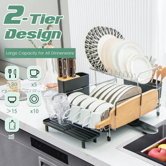 2-Tier Detachable Dish Rack with Drainboard and 360° Swivel Spout