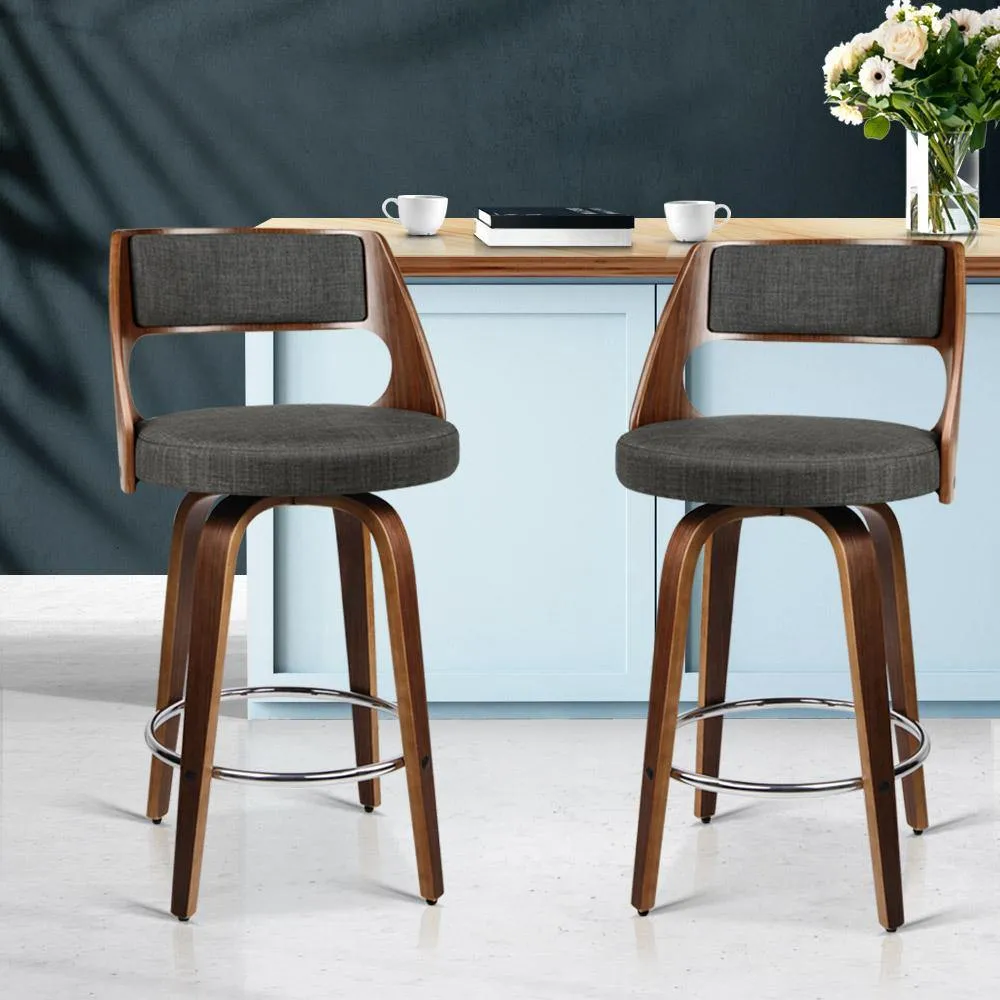 2 x Wooden Swivel Bar Stools Kitchen Counter Barstool Charcoal Fabric