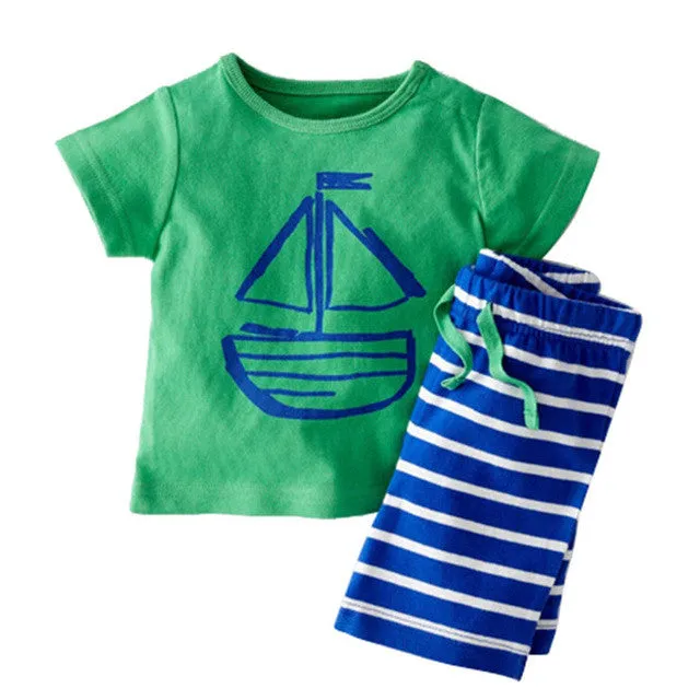 2017 Kids Summer Clothes Sets Pirate Ship Cartoon Printed T-Shirt  Stripe Pant Kids Boy Clothing 2 PCS Set