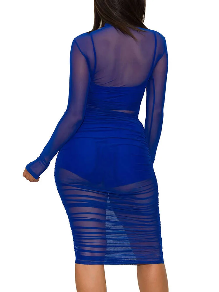 3 Piece Long Sleeve Ruched Sheer Mesh Bodycon Dresses