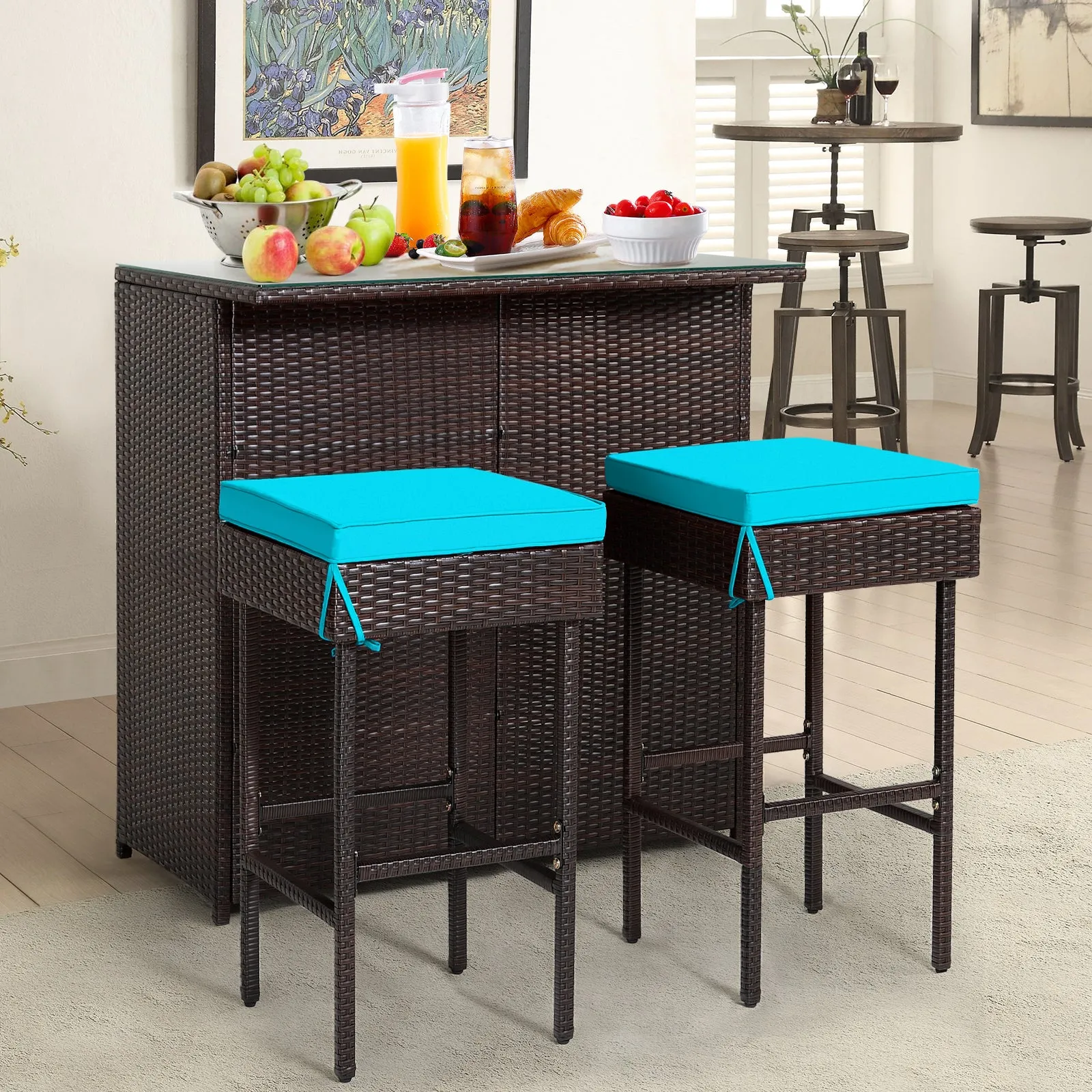 3-Piece Outdoor PE Rattan Bar Set with Cushions-Turquoise