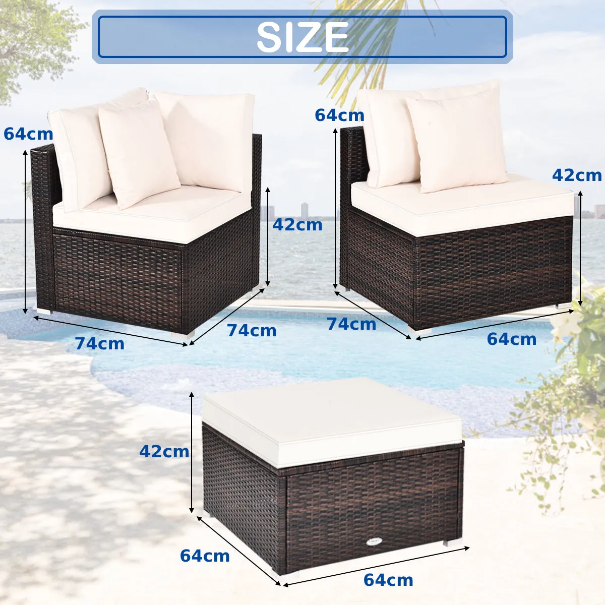 4 Pieces Outdoor Rattan  Conversation Set with Removable Cushions and Pillows-White