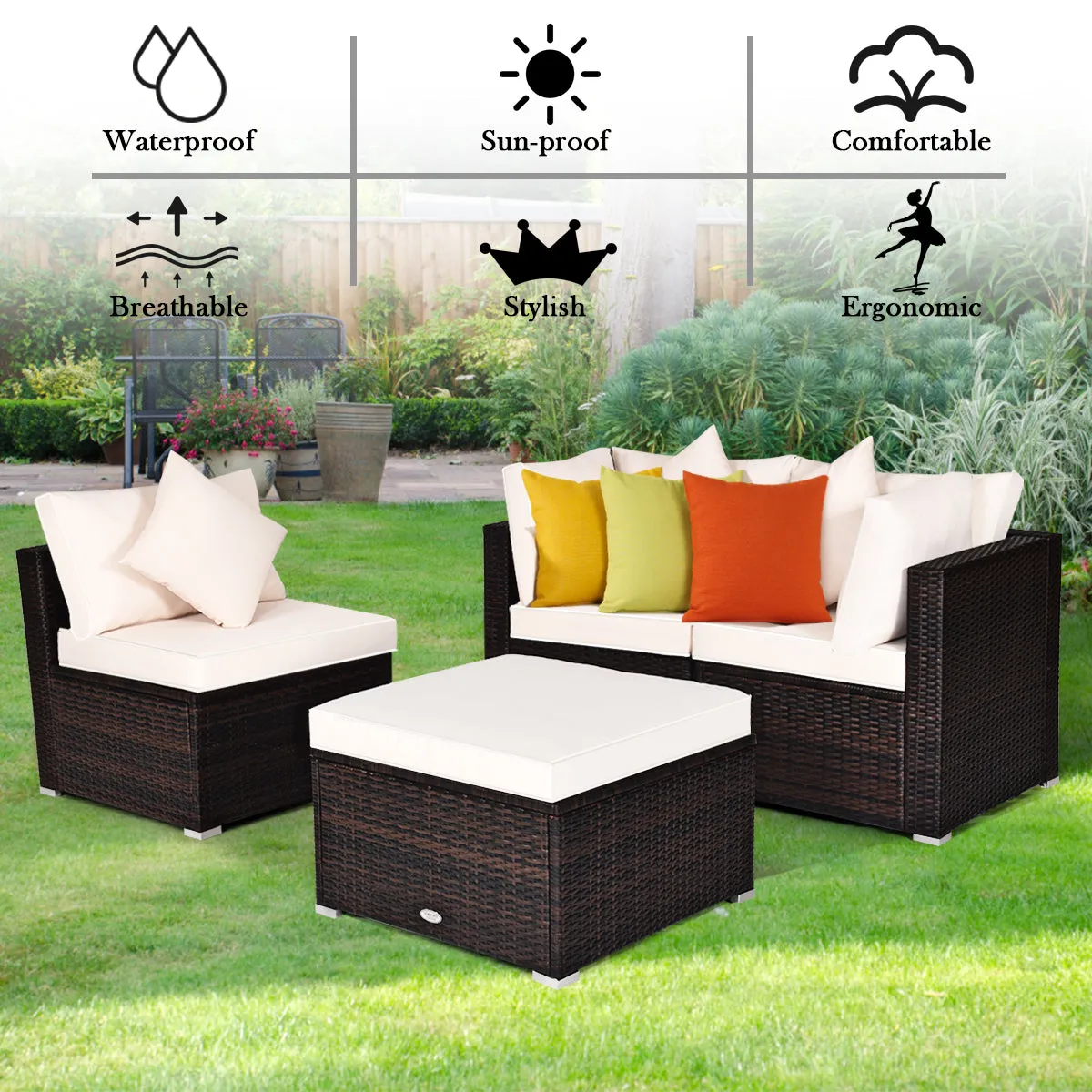 4 Pieces Outdoor Rattan  Conversation Set with Removable Cushions and Pillows-White