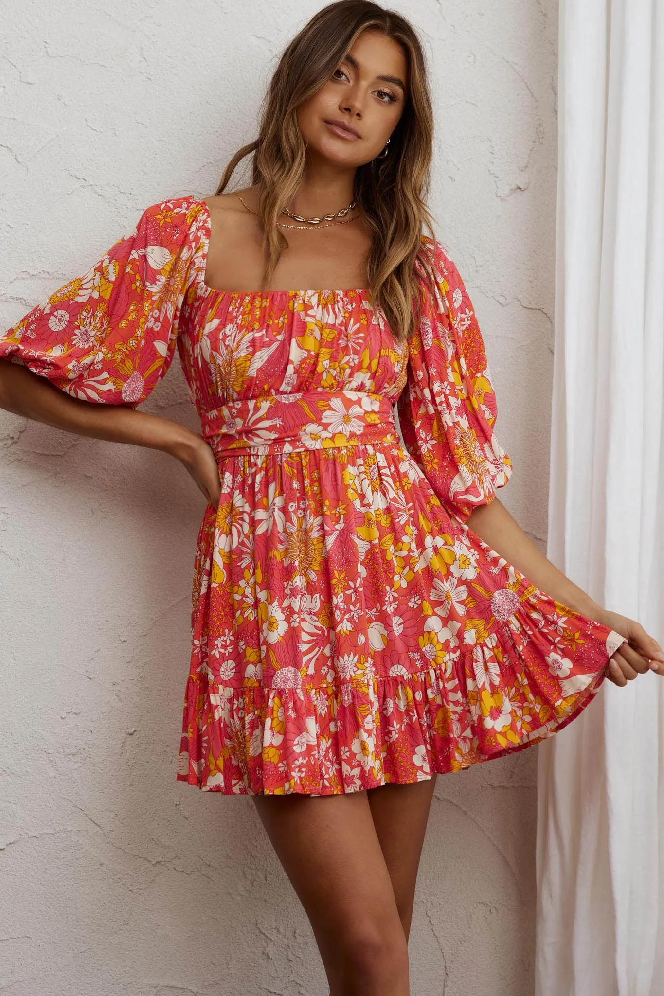 Abby Off-Shoulder Tie-Up Back Dress Retro Floral Orange