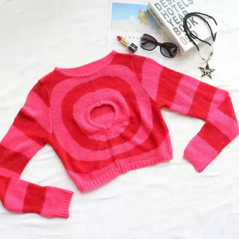 Aesthetic Heart Striped Y2k Long Sleeve Sweatshirt