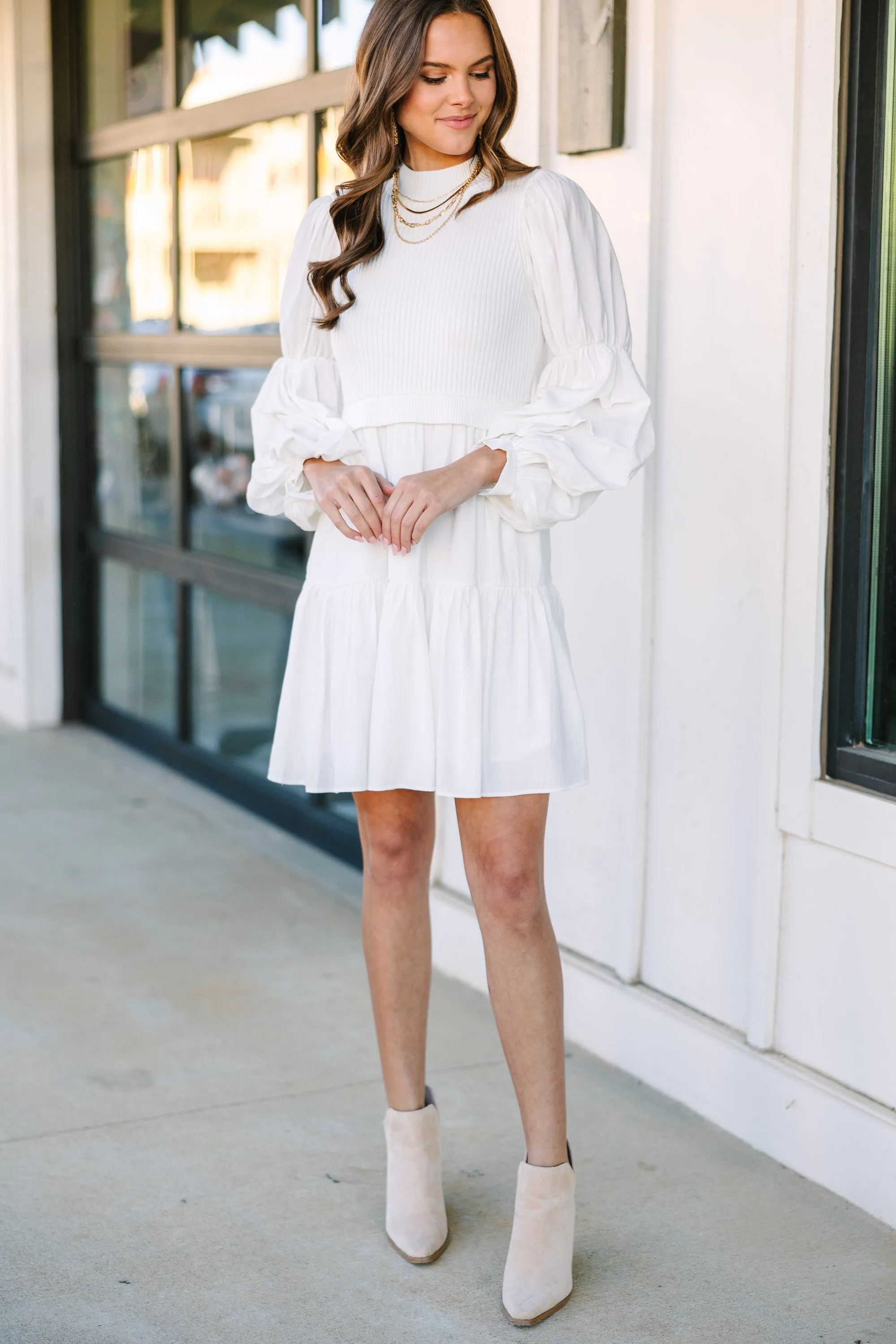 All Figured Out White Long Sleeve Dress