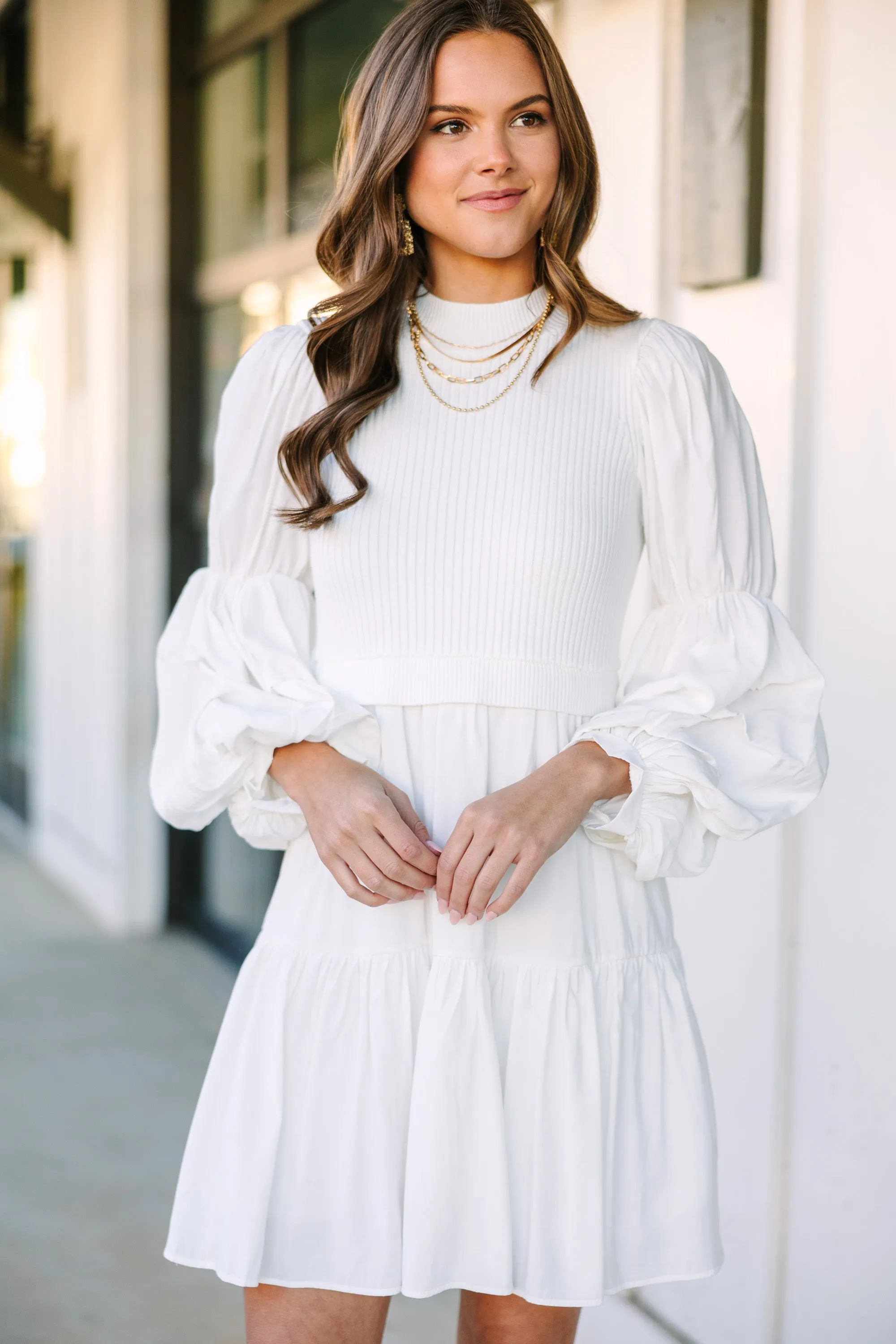 All Figured Out White Long Sleeve Dress