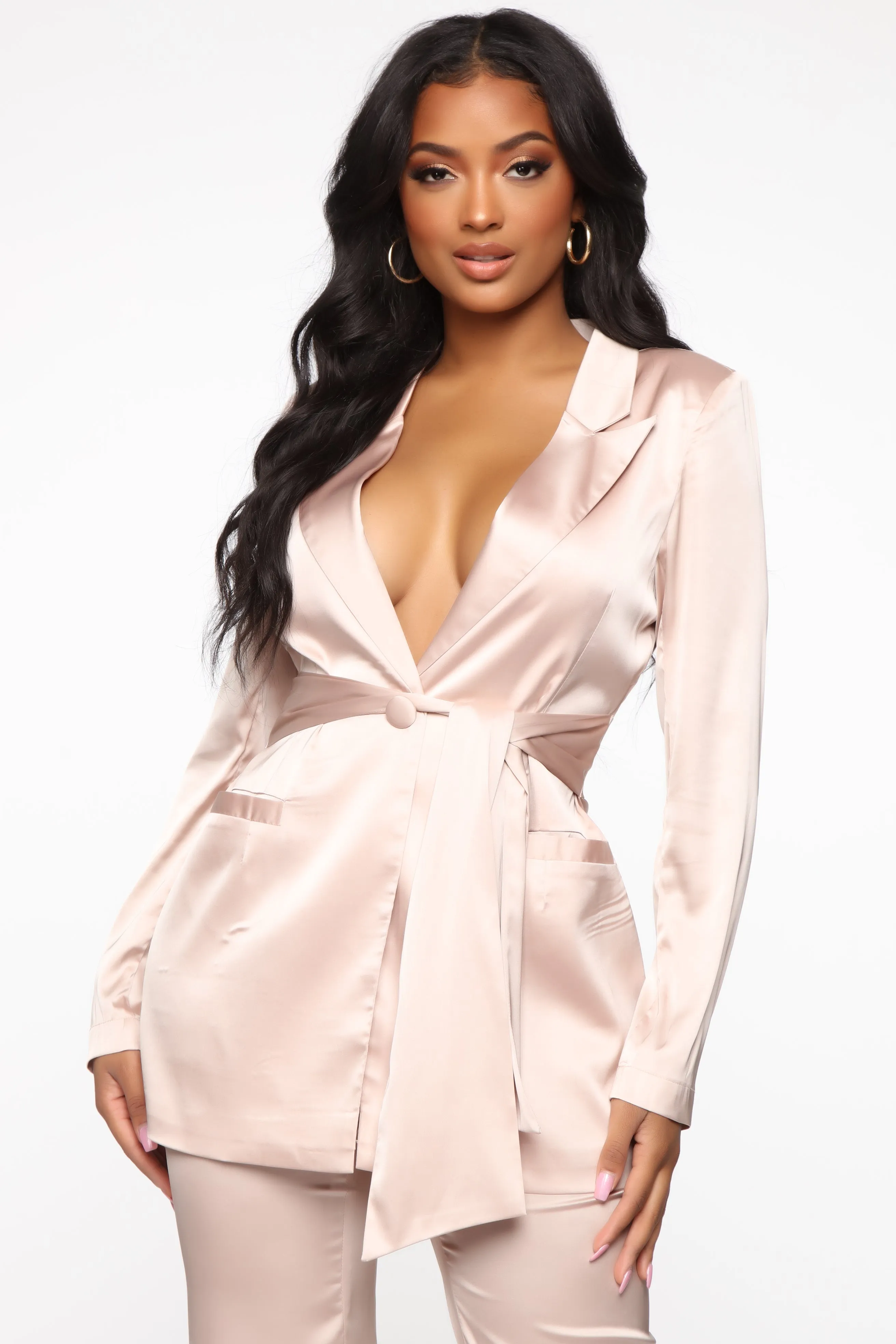 All The Power Satin Suit Set - Nude