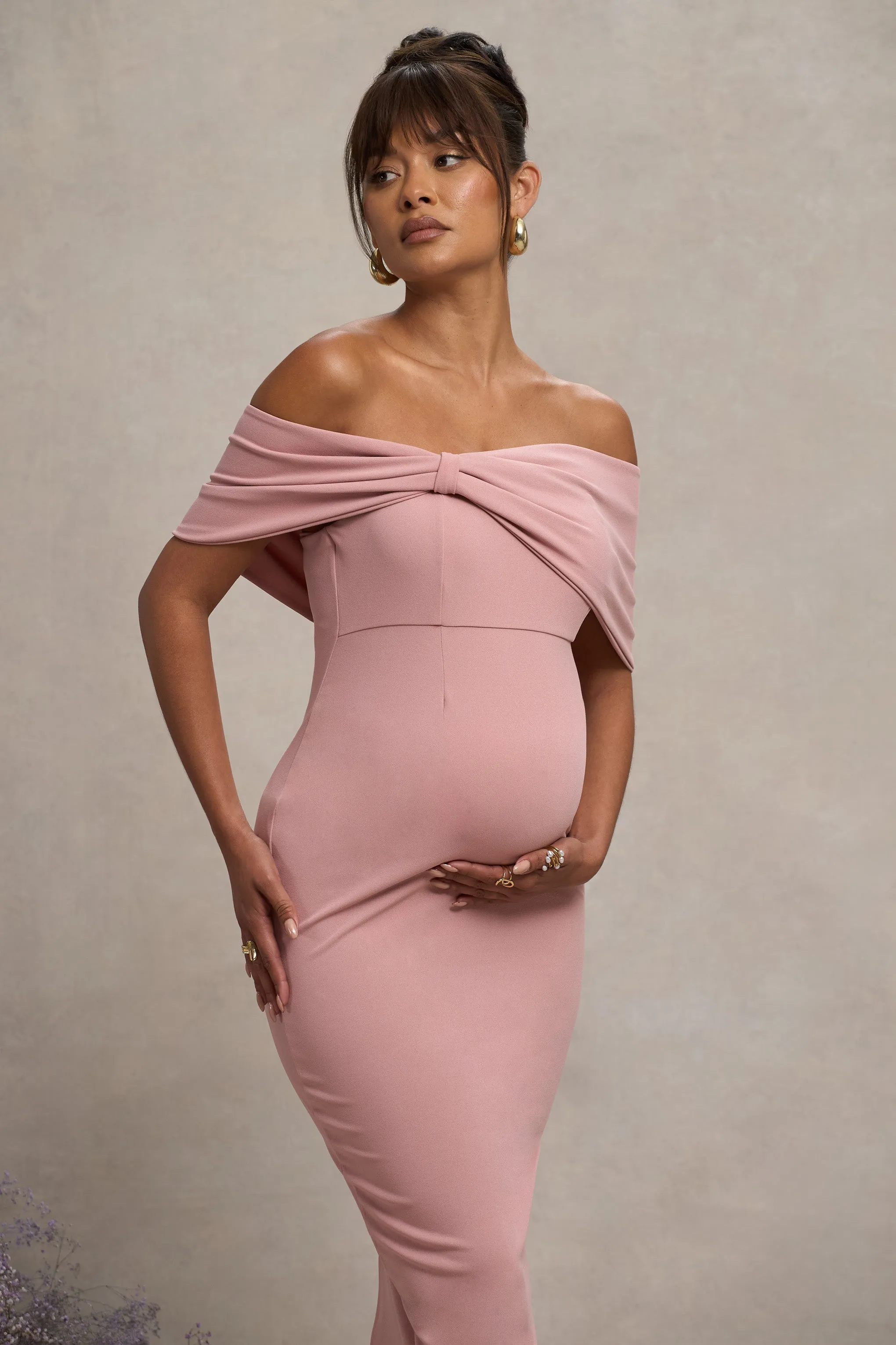 Alyssa | Blush Bardot Bow Maternity Midi Dress with Ruching