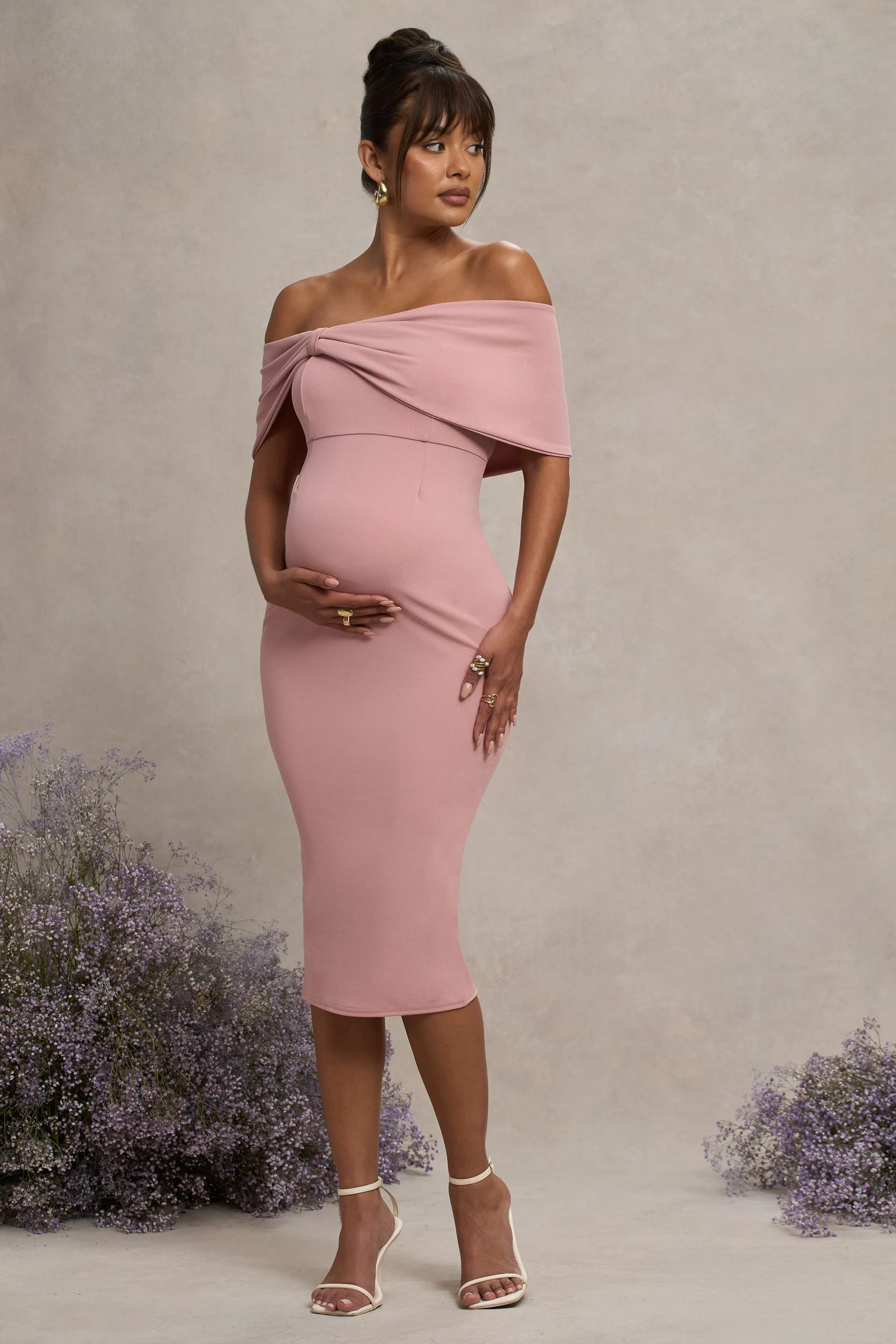 Alyssa | Blush Bardot Bow Maternity Midi Dress with Ruching