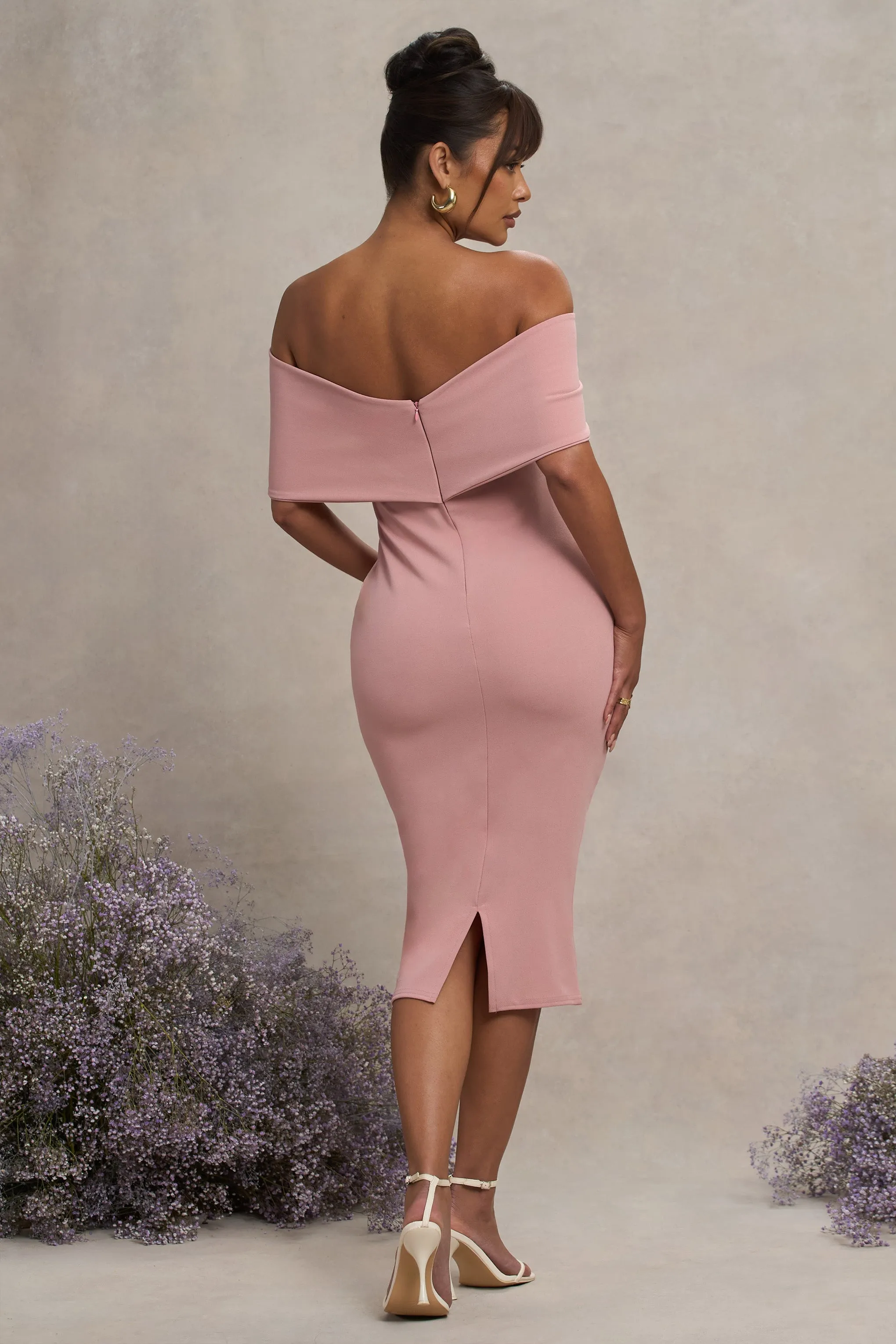 Alyssa | Blush Bardot Bow Maternity Midi Dress with Ruching