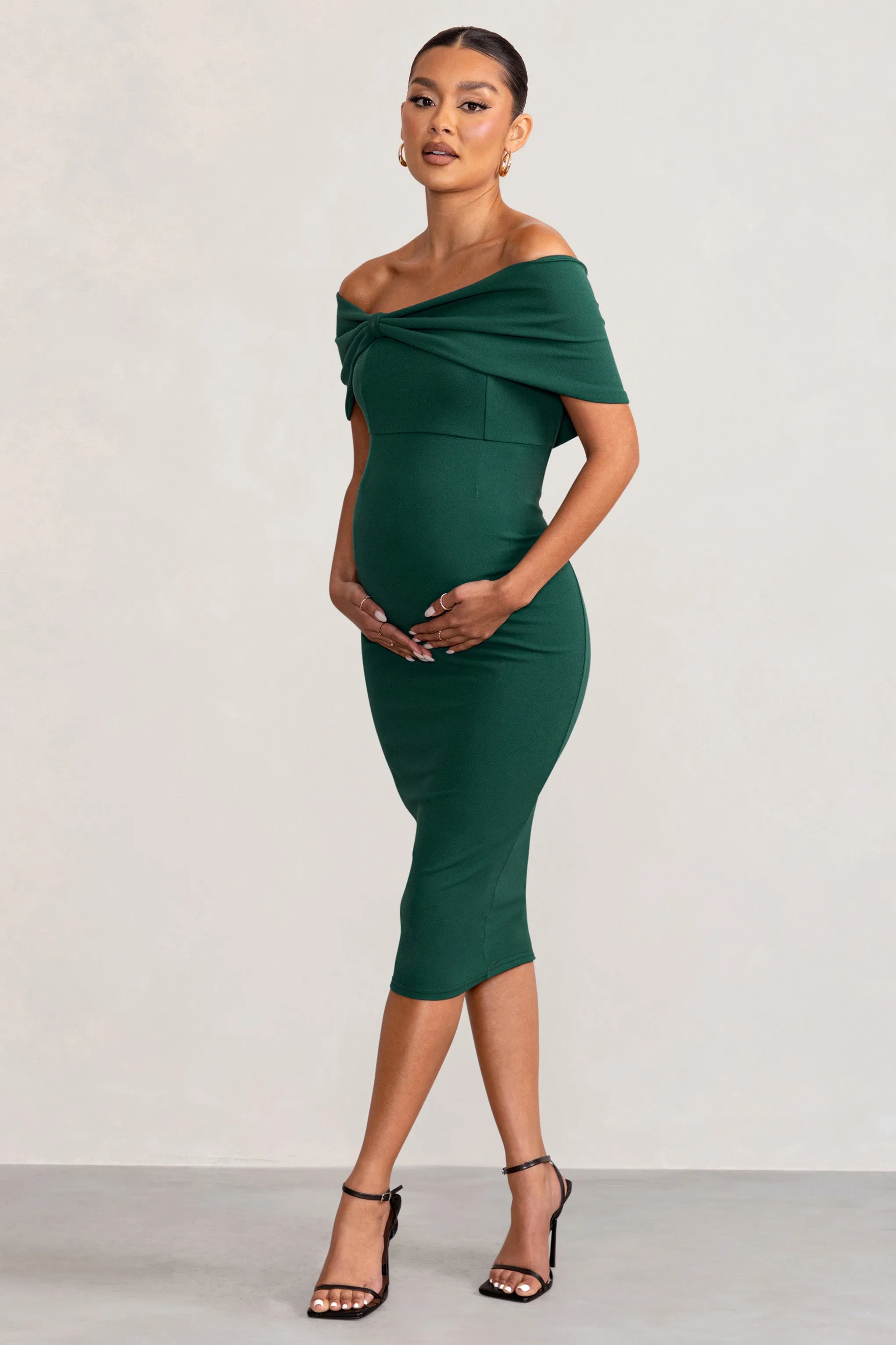 Alyssa | Bottle Green Bardot Bow Maternity Midi Dress with Ruching