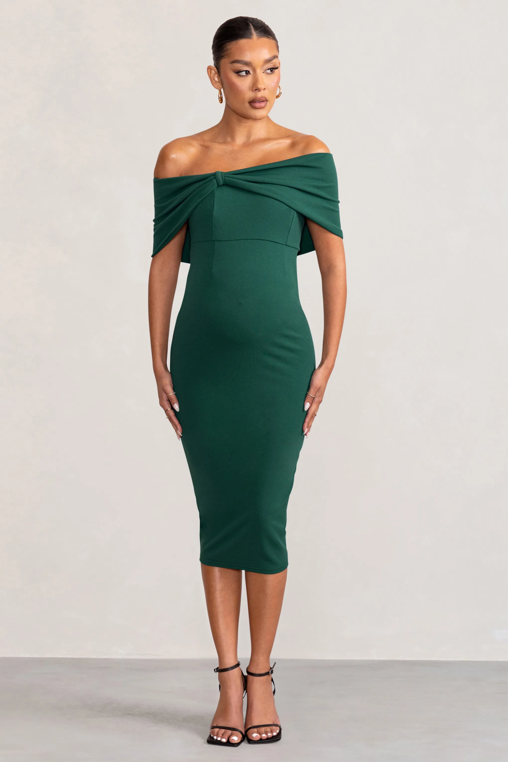 Alyssa | Bottle Green Bardot Bow Maternity Midi Dress with Ruching