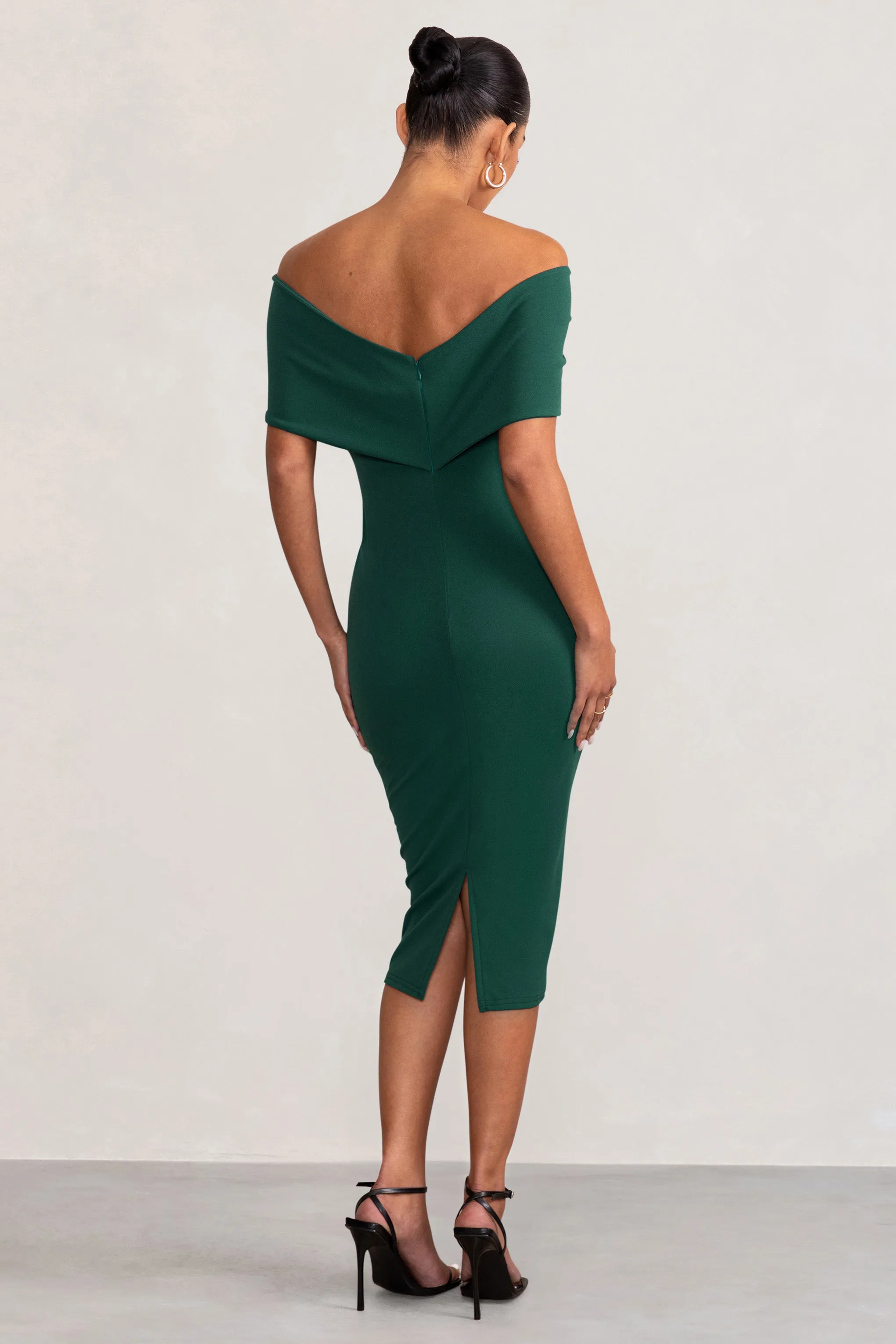 Alyssa | Bottle Green Bardot Bow Maternity Midi Dress with Ruching