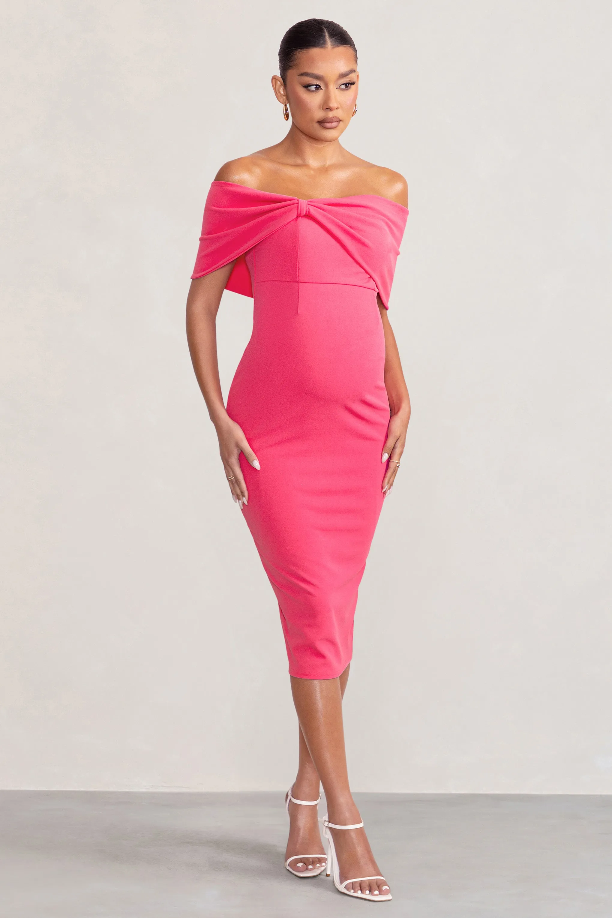 Alyssa | Hot Pink Bardot Bow Maternity Midi Dress with Ruching